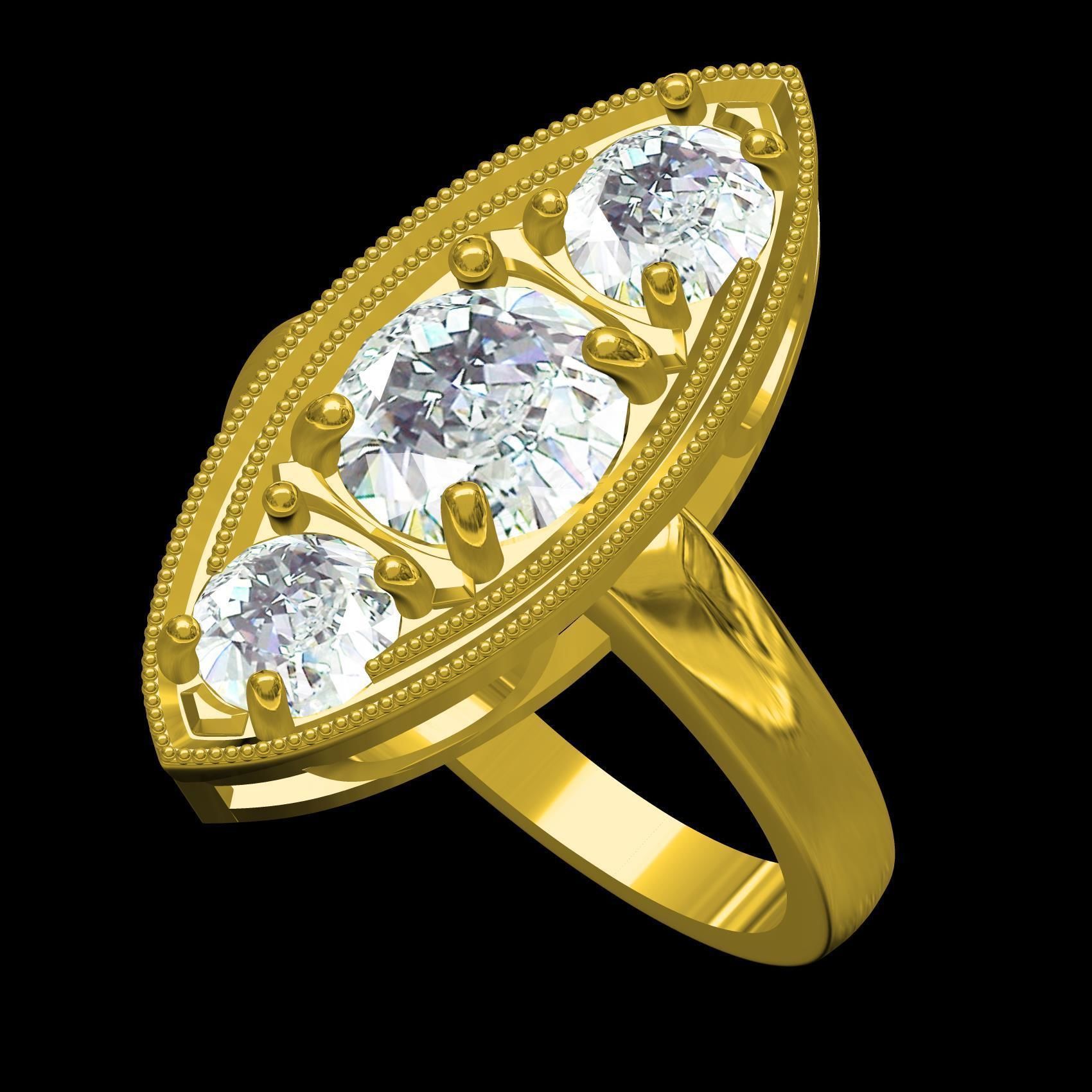 Marquise Shape Three Round Diamond Solitaire Ring 3D print model_10