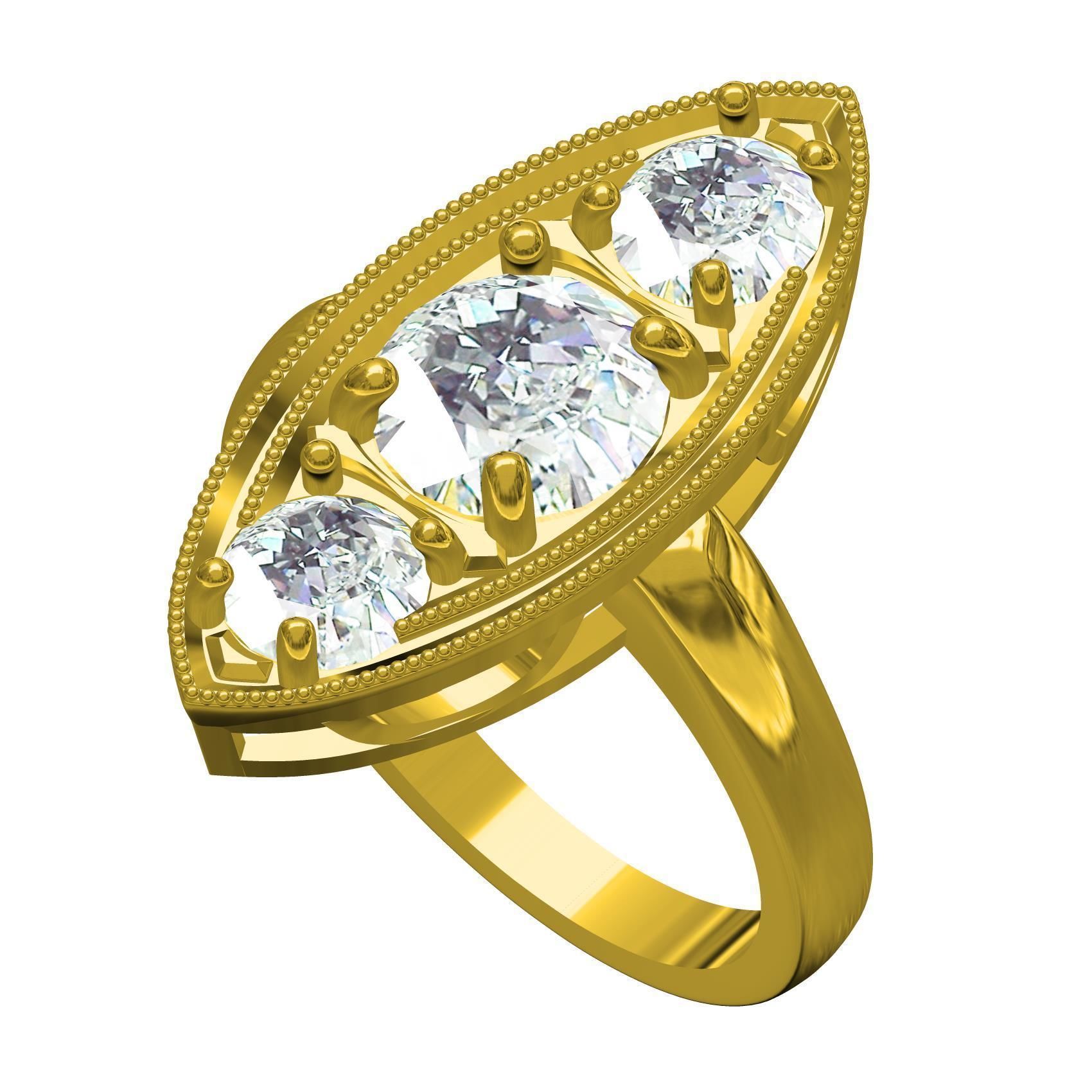 Marquise Shape Three Round Diamond Solitaire Ring 3D print model_1