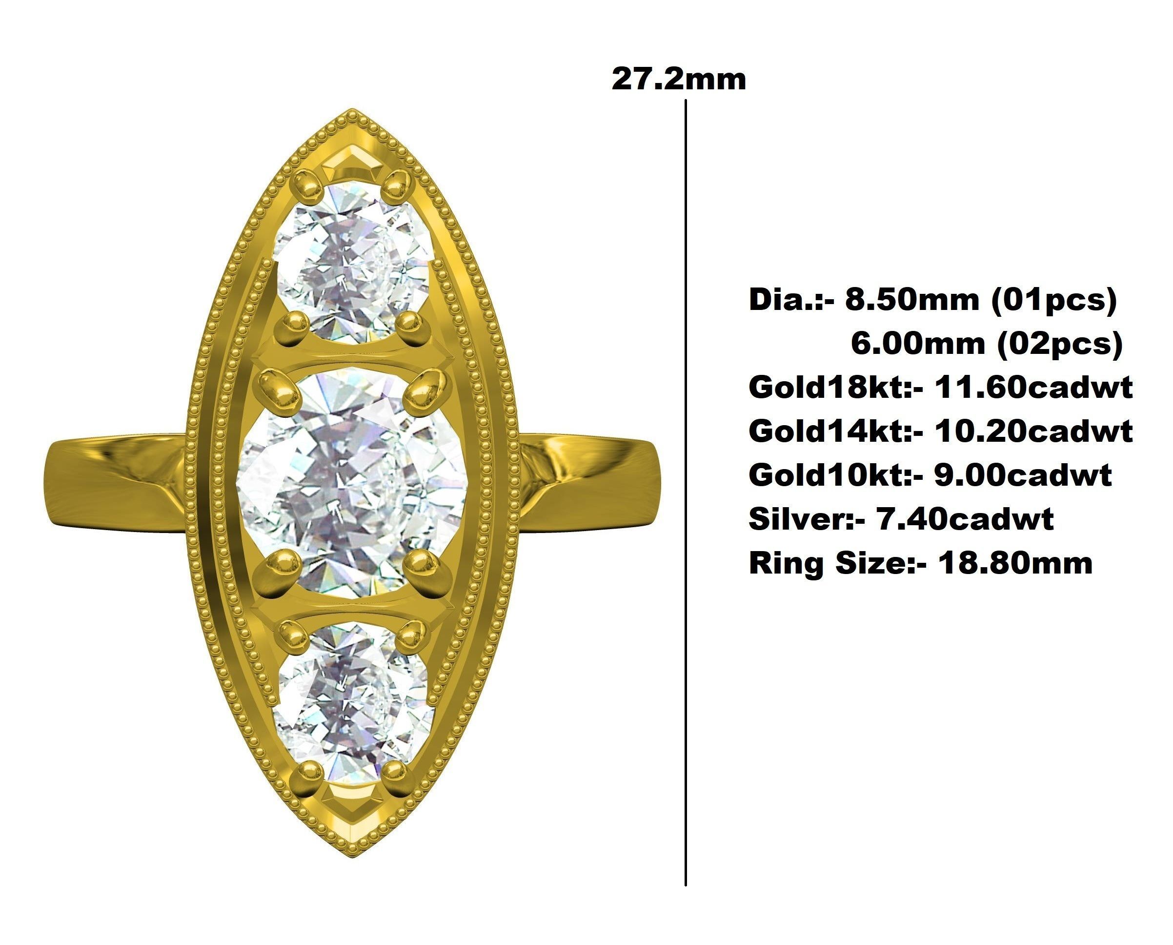 Marquise Shape Three Round Diamond Solitaire Ring 3D print model_12