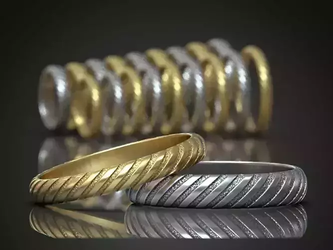 Wedding bands set diagonal striped sandblast 3D print model