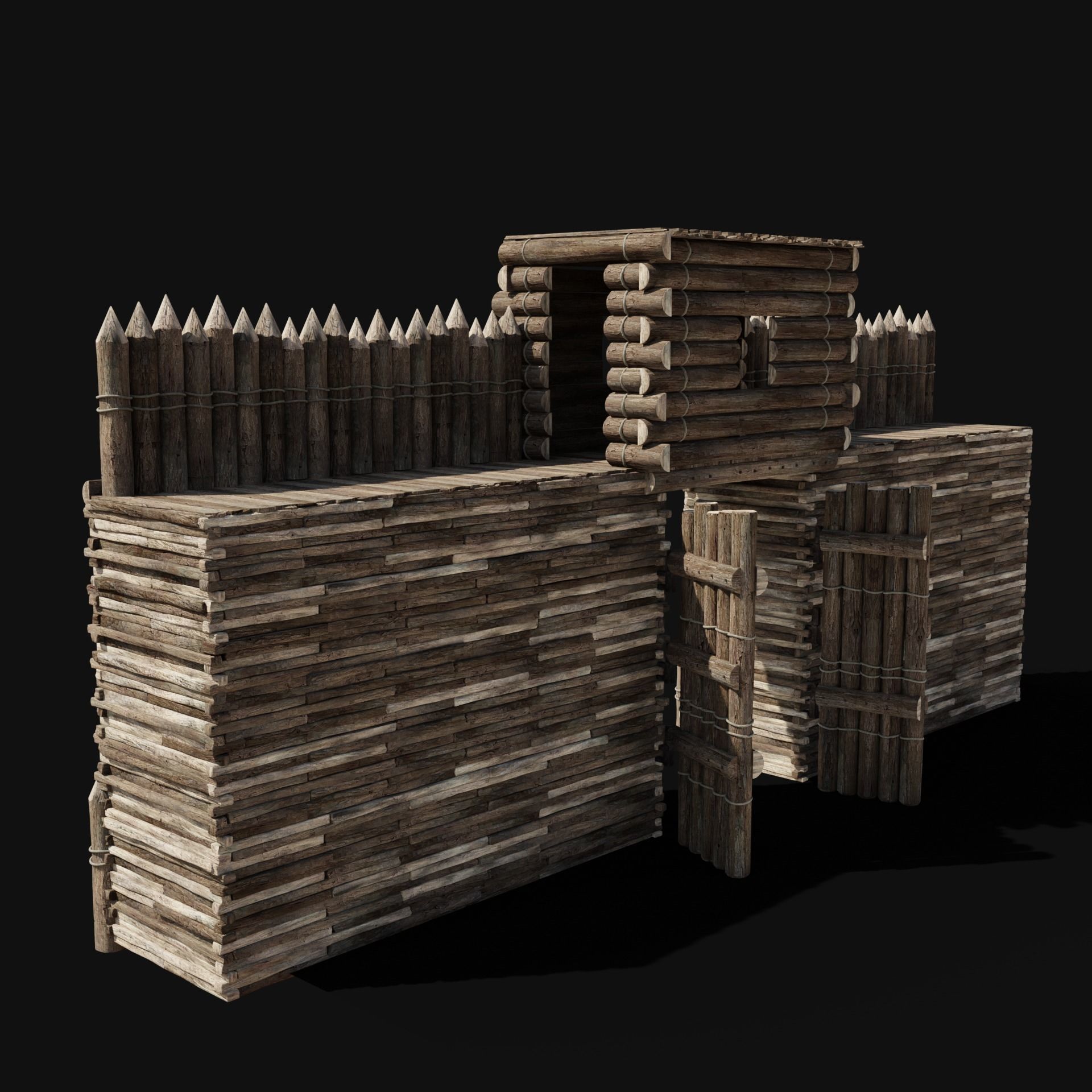 WOODEN GATE DOOR PALISADE WALLS MEDIEVAL FANTASY COLLECTION Low-poly 3D model_17