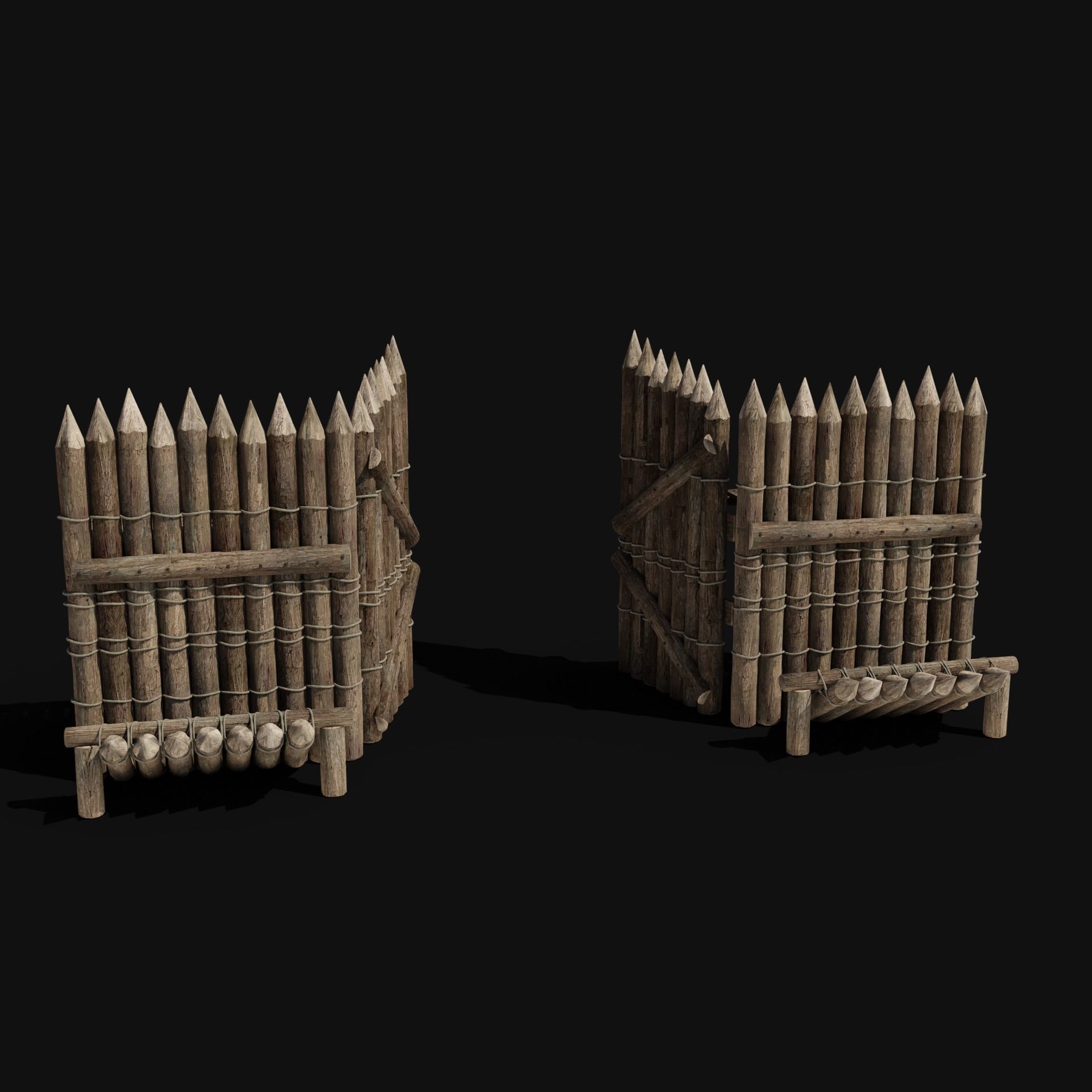 WOODEN GATE DOOR PALISADE WALLS MEDIEVAL FANTASY COLLECTION Low-poly 3D model_4