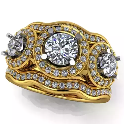 Modern 3 Stone Anniversary Halo Bridal Wedding Set Rings