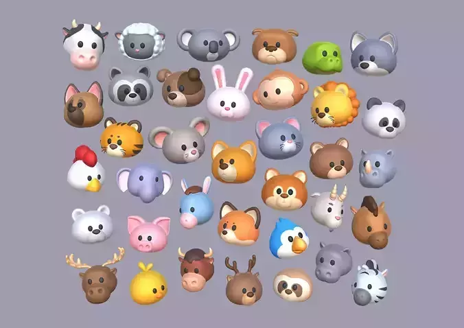 Animal head cartoon 3D models Low-poly 3D model
