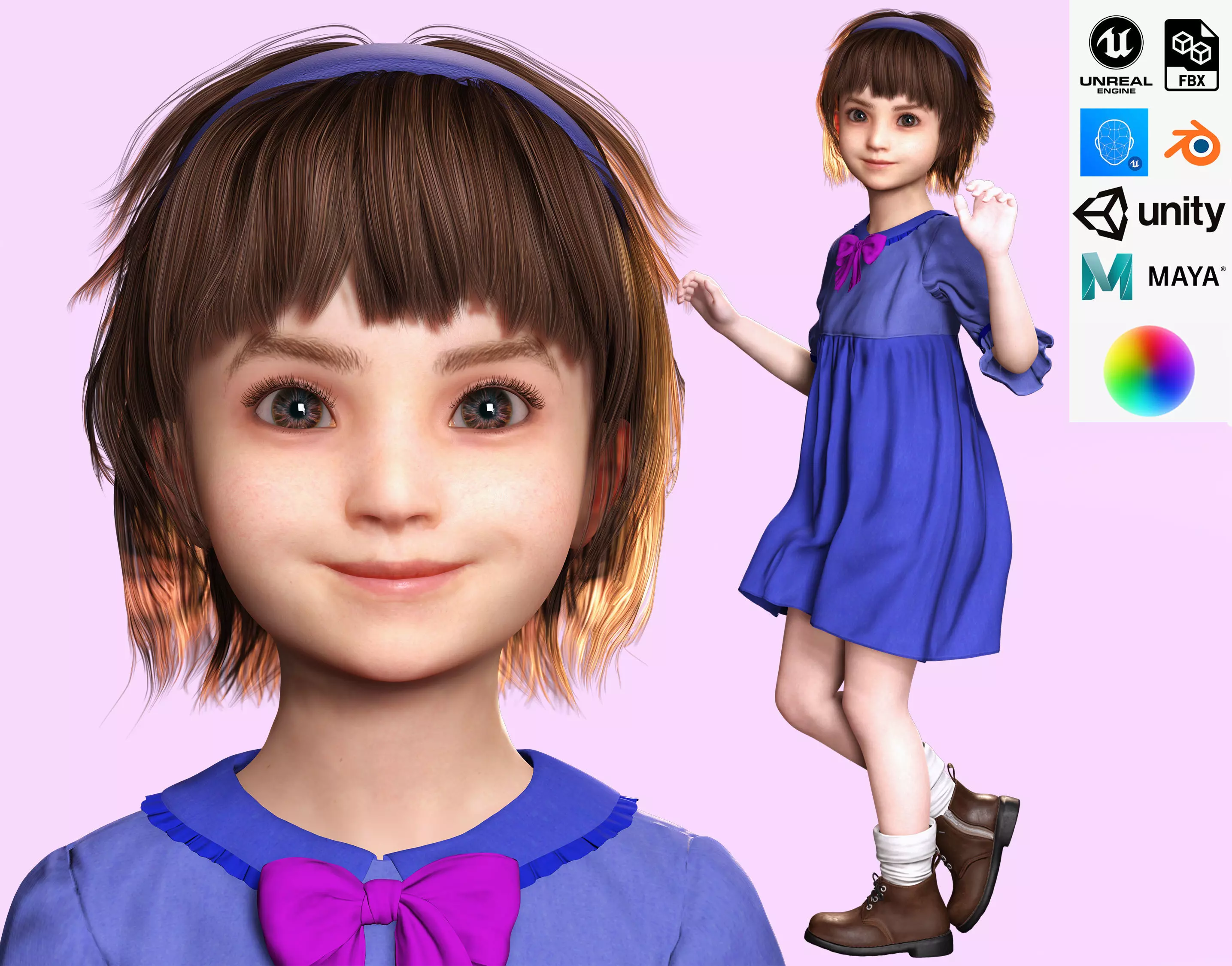 Olivia - Tiny Treasures Cute Child in a Blue Robe Low-poly 3D model_0