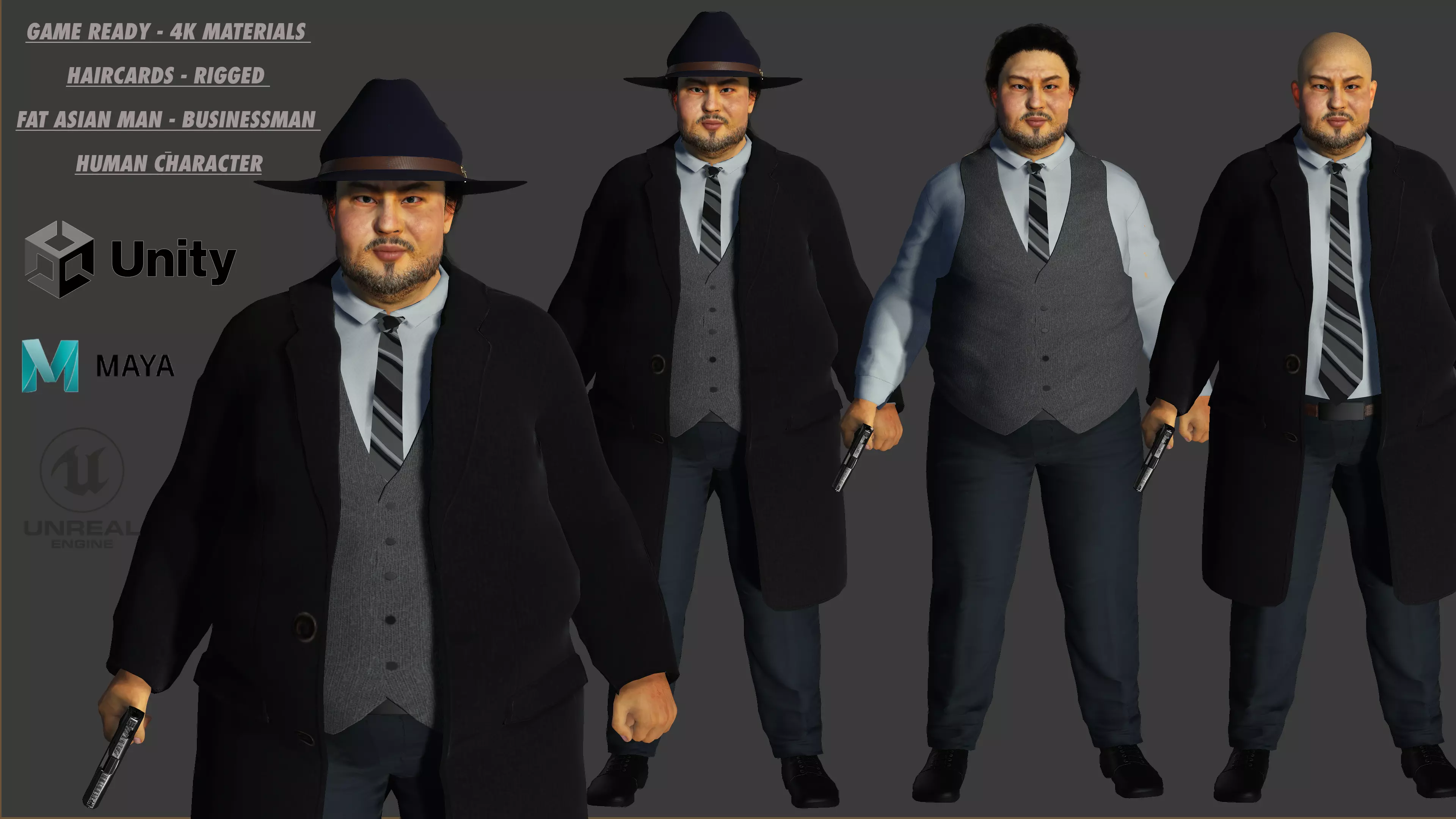 3D REALISTIC HUMAN RIGGED CHARACTER - ASIAN FAT BUSINESSMAN Low-poly 3D model_0