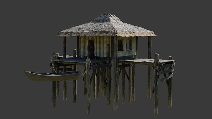 Wooden Bungalow Low-poly 3D model 3
