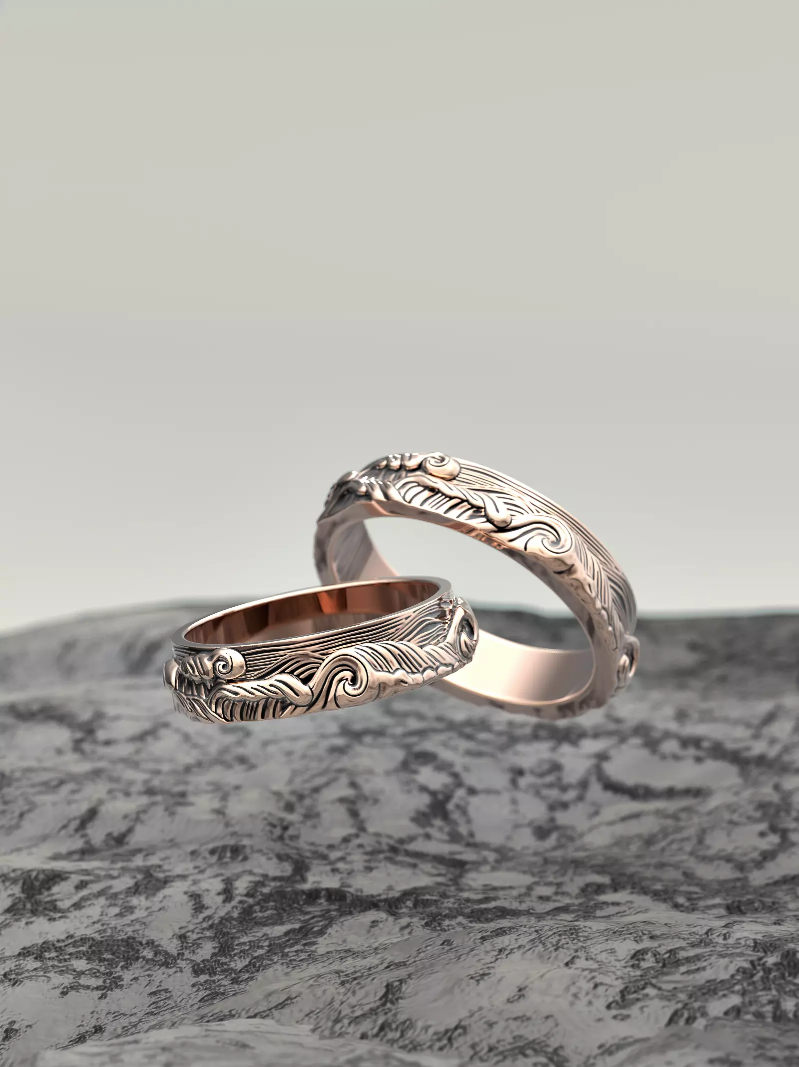 Wedding rings in the shape of a sea wave 3D print model_0