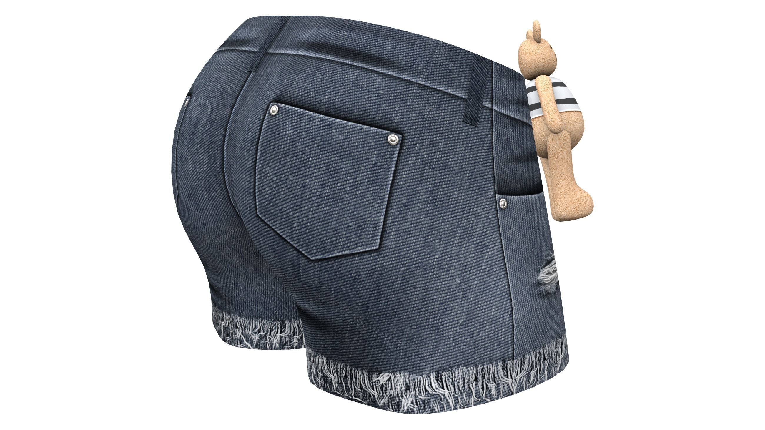 Female Plush Toys Decorated Stained Mini Denim Shorts Low-poly 3D model_5