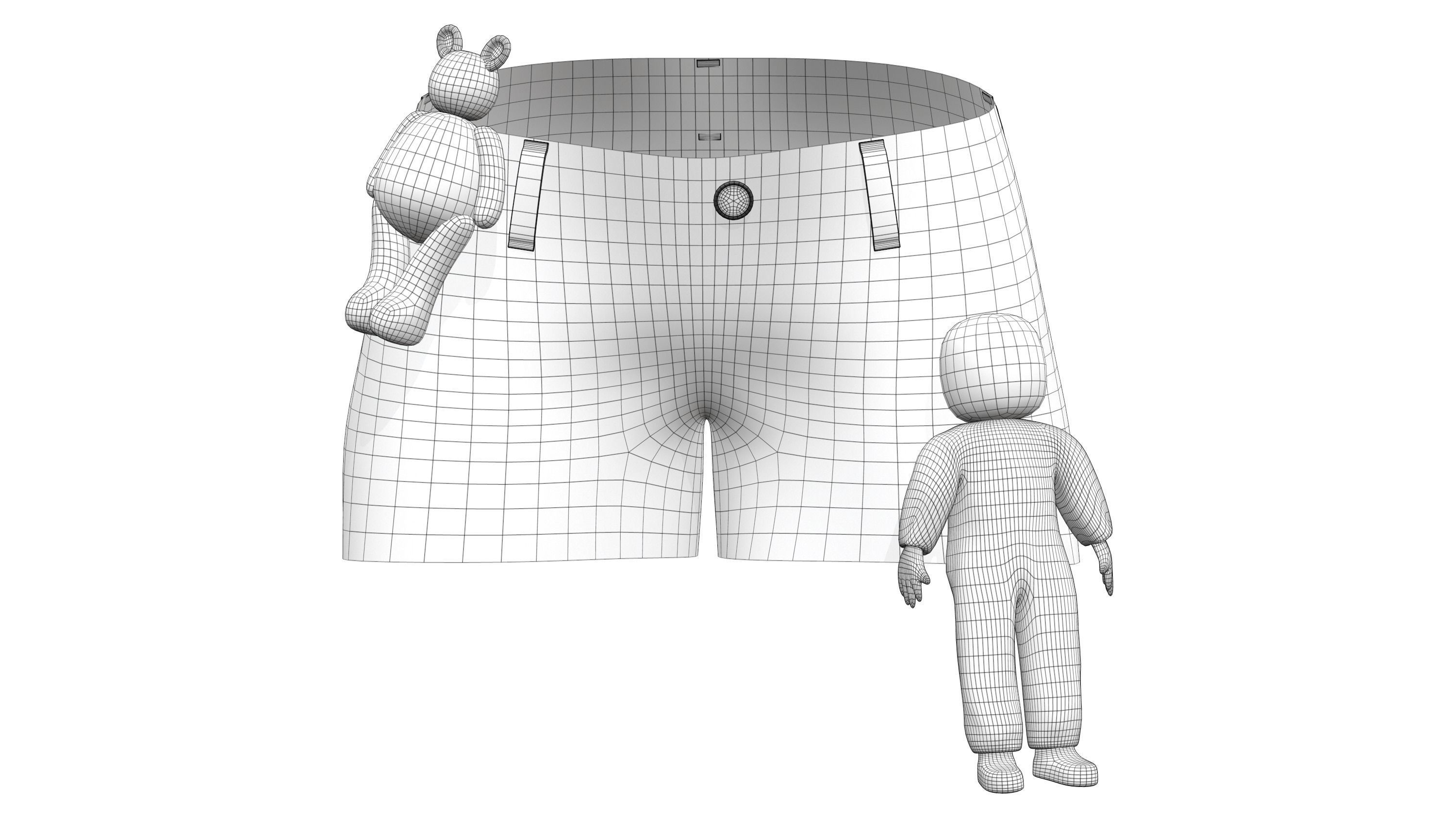 Female Plush Toys Decorated Stained Mini Denim Shorts Low-poly 3D model_6