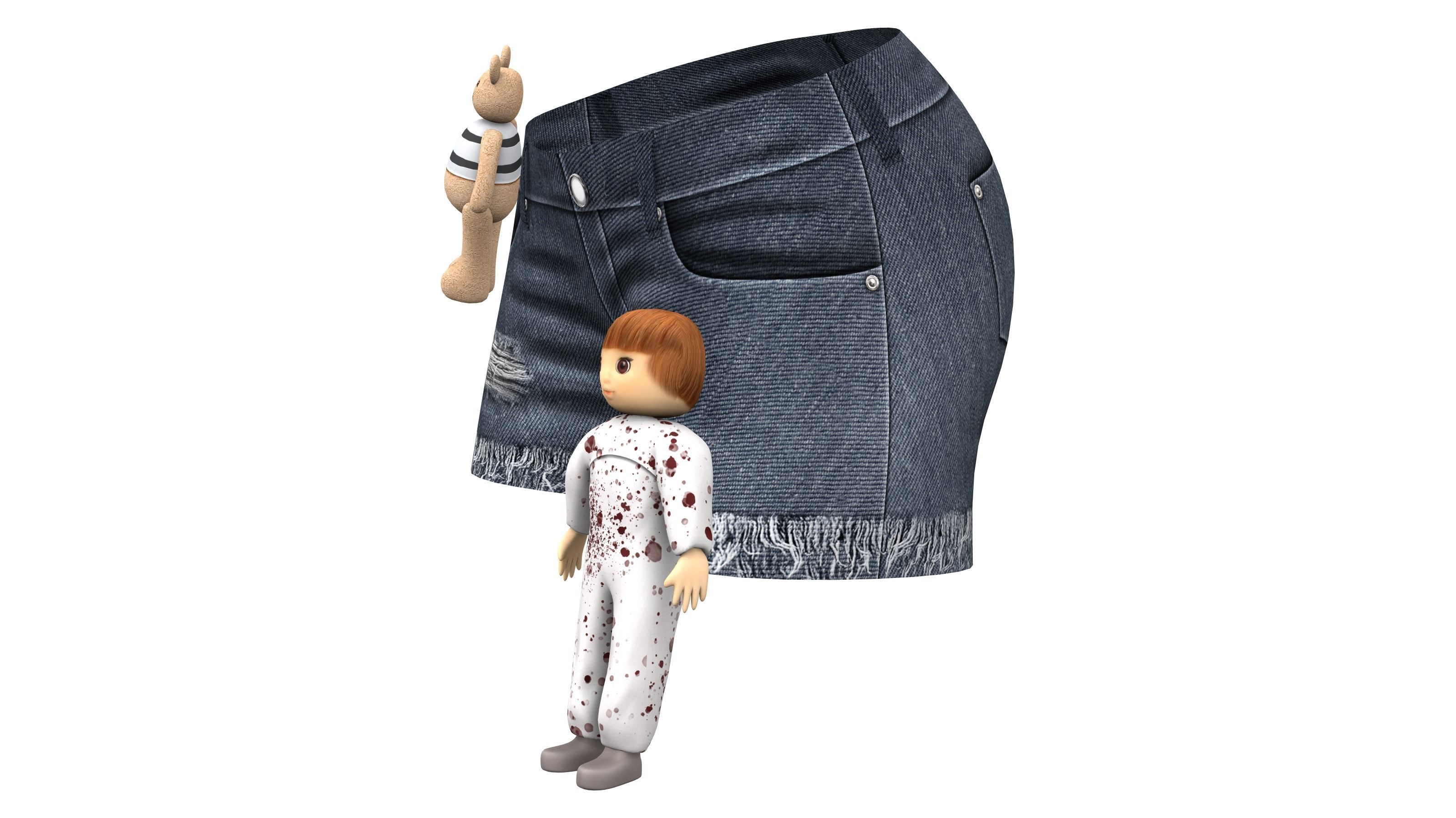 Female Plush Toys Decorated Stained Mini Denim Shorts Low-poly 3D model_2