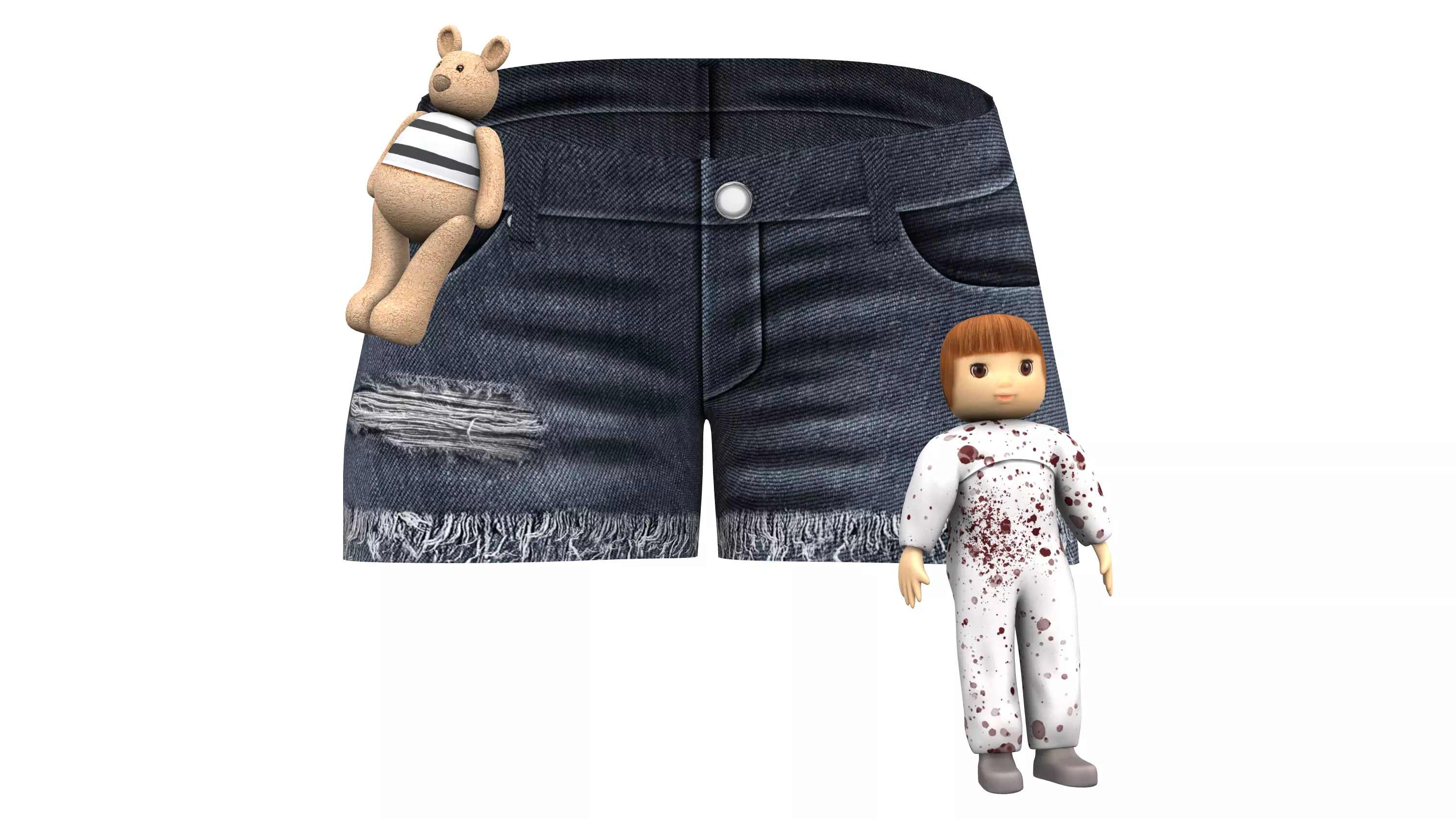 Female Plush Toys Decorated Stained Mini Denim Shorts Low-poly 3D model_0