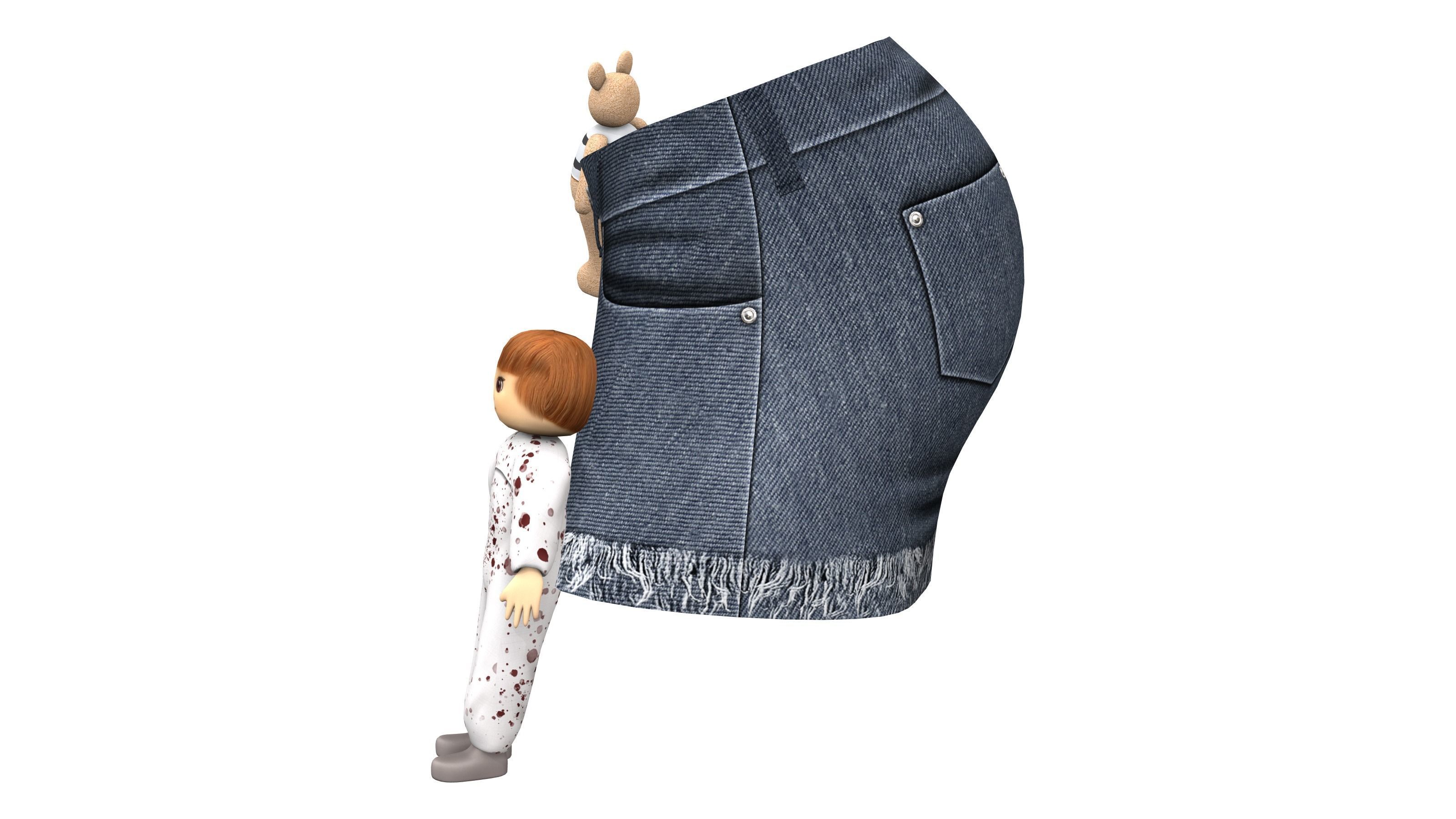 Female Plush Toys Decorated Stained Mini Denim Shorts Low-poly 3D model_3