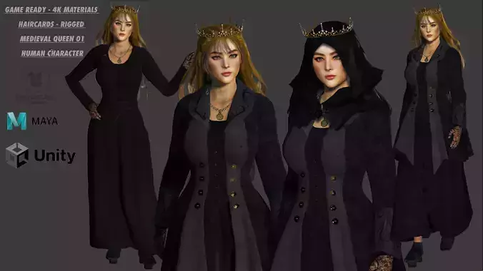 3D MEDIEVAL HUMAN RIGGED CHARACTER - BEAUTIFUL QUEEN PRINCESS 01