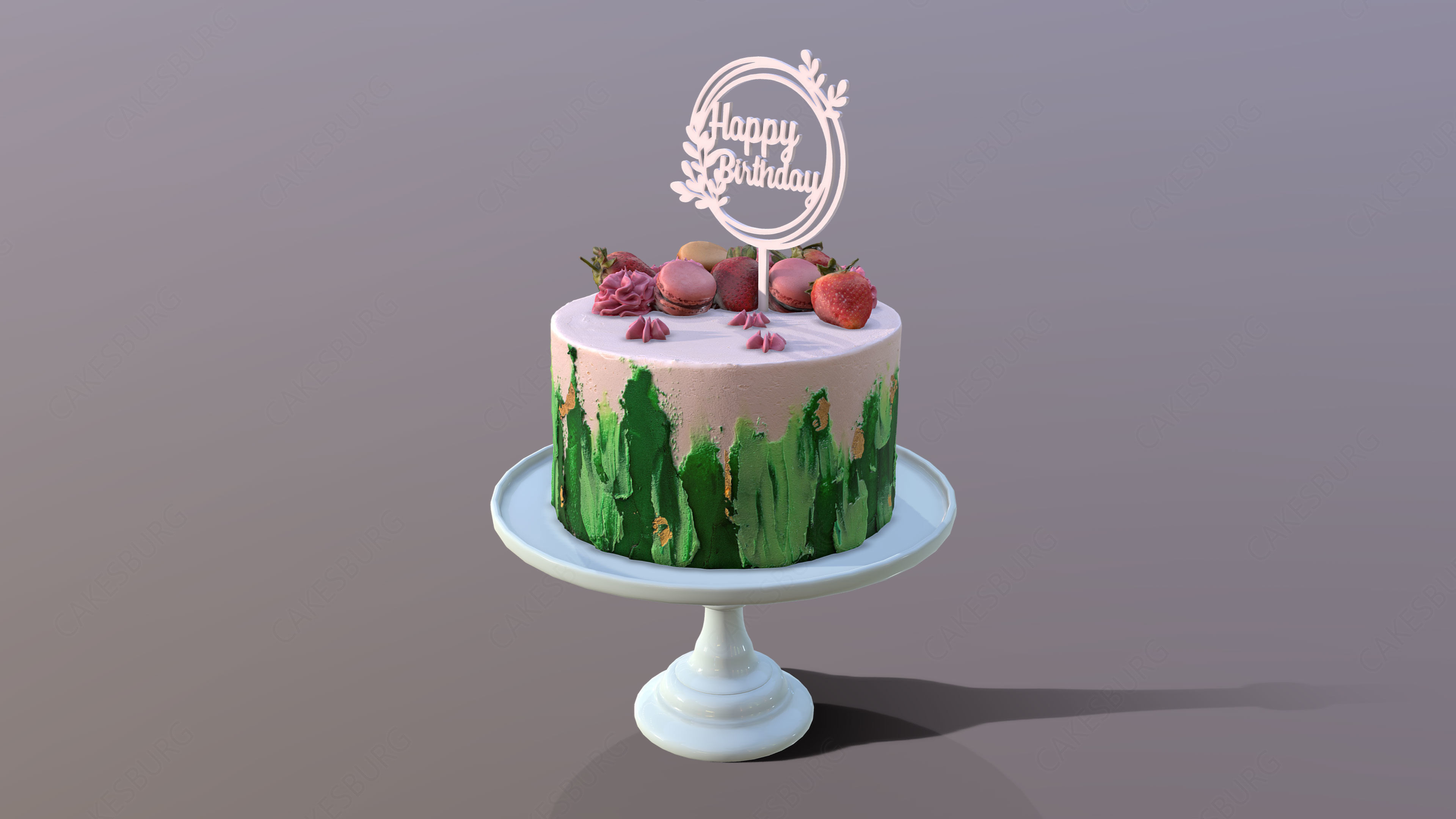 Elegant Jade Strawberry Swirl Birthday Cake Low-poly 3D model_6