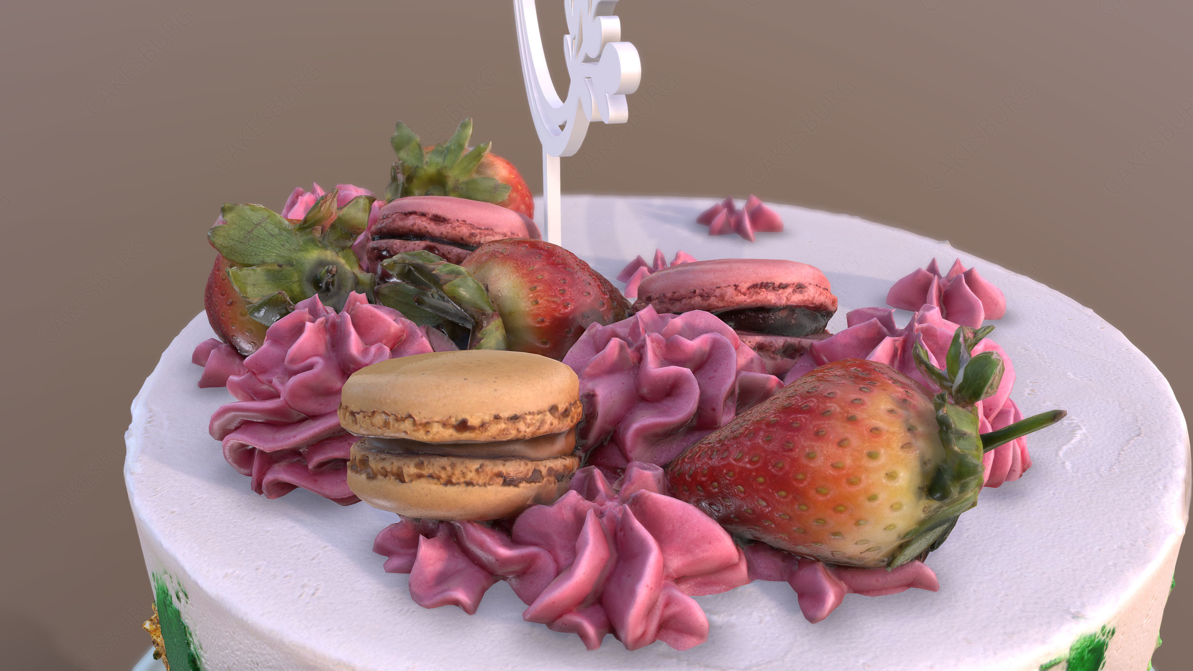 Elegant Jade Strawberry Swirl Birthday Cake Low-poly 3D model_4
