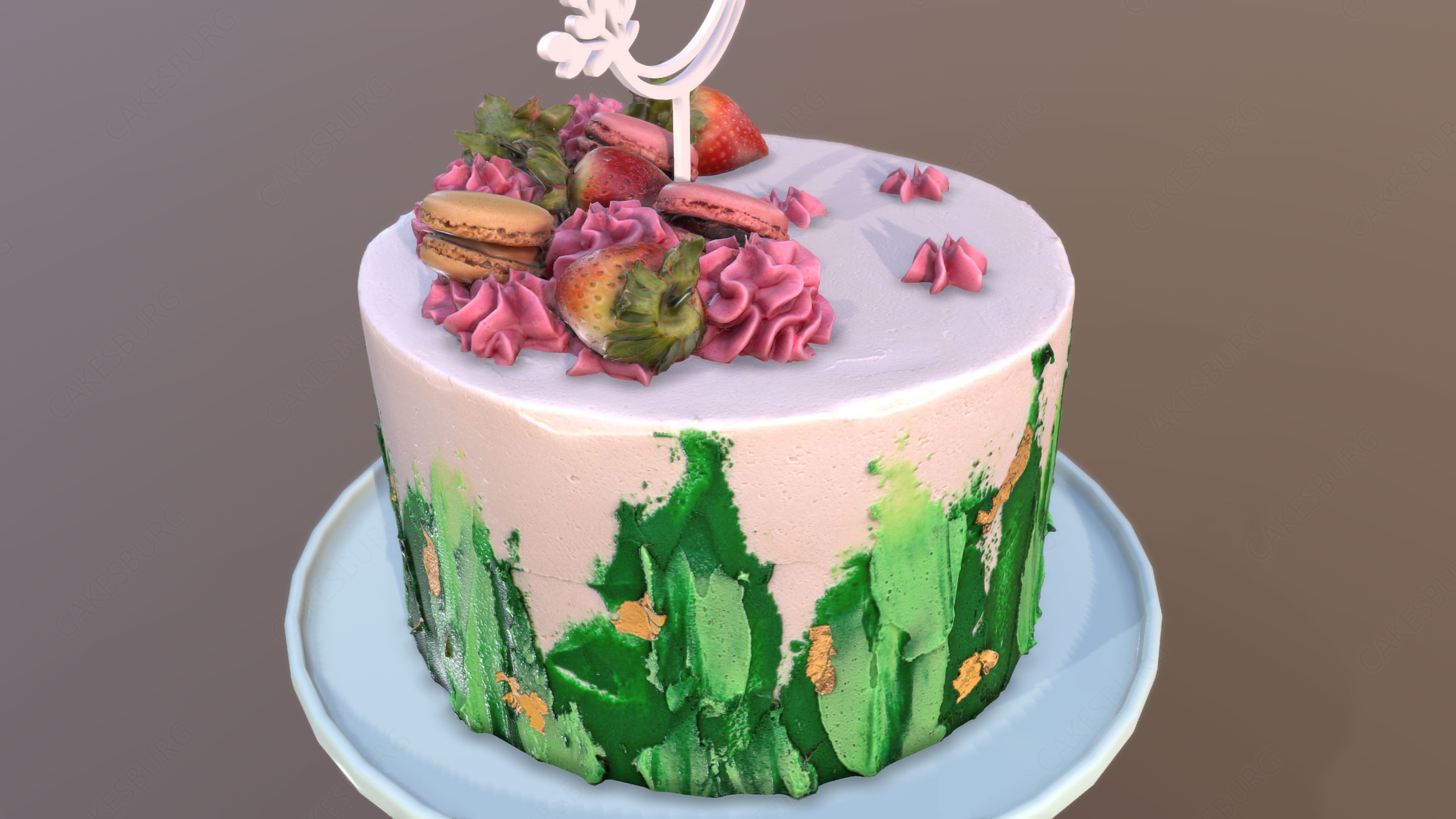 Elegant Jade Strawberry Swirl Birthday Cake Low-poly 3D model_2