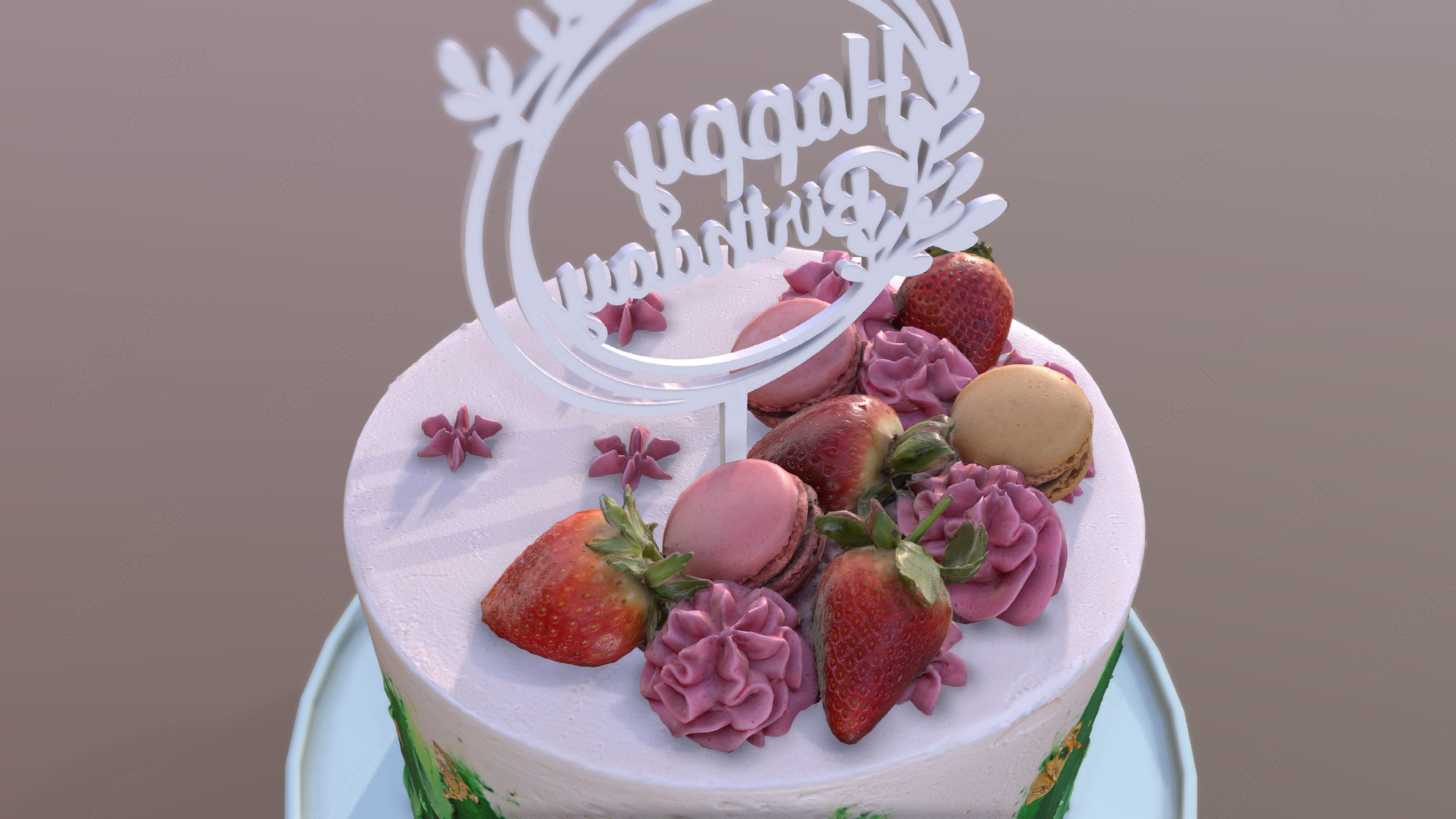 Elegant Jade Strawberry Swirl Birthday Cake Low-poly 3D model_3