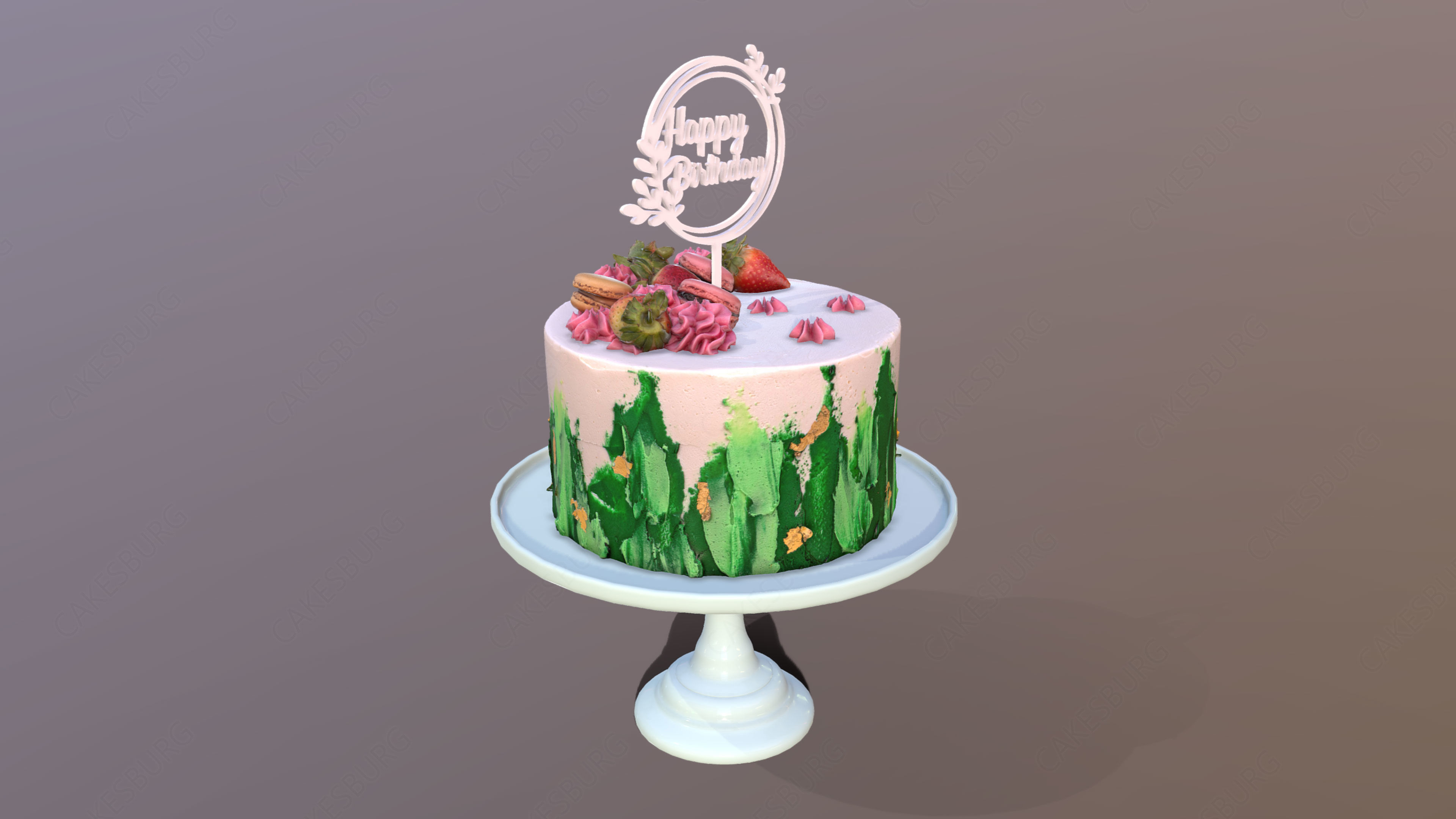 Elegant Jade Strawberry Swirl Birthday Cake Low-poly 3D model_1