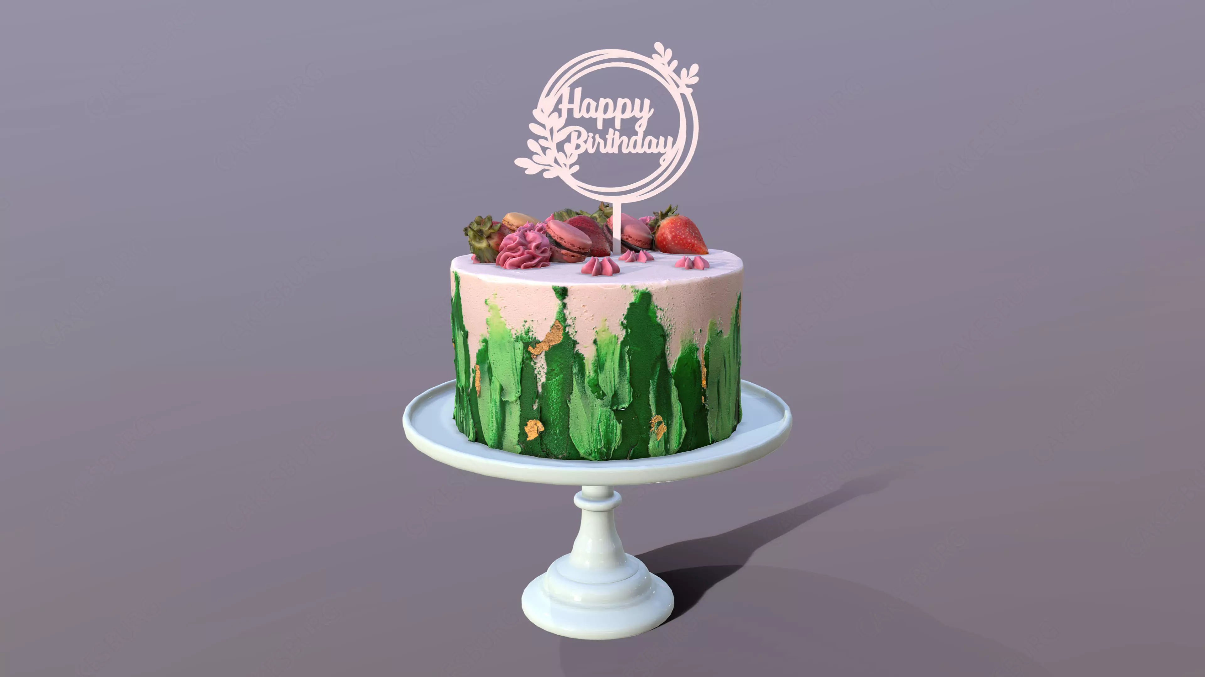 Elegant Jade Strawberry Swirl Birthday Cake Low-poly 3D model_0