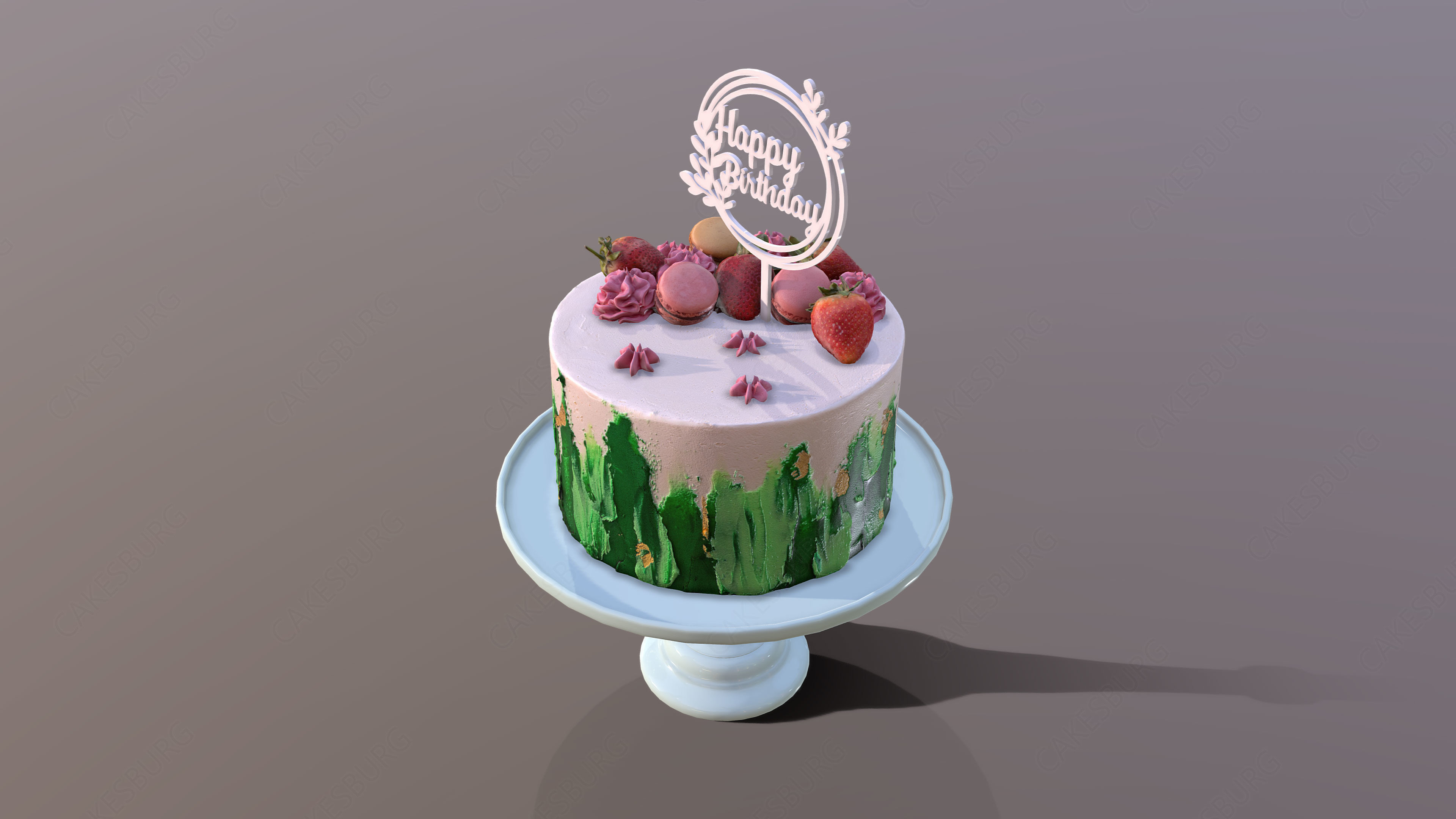 Elegant Jade Strawberry Swirl Birthday Cake Low-poly 3D model_7