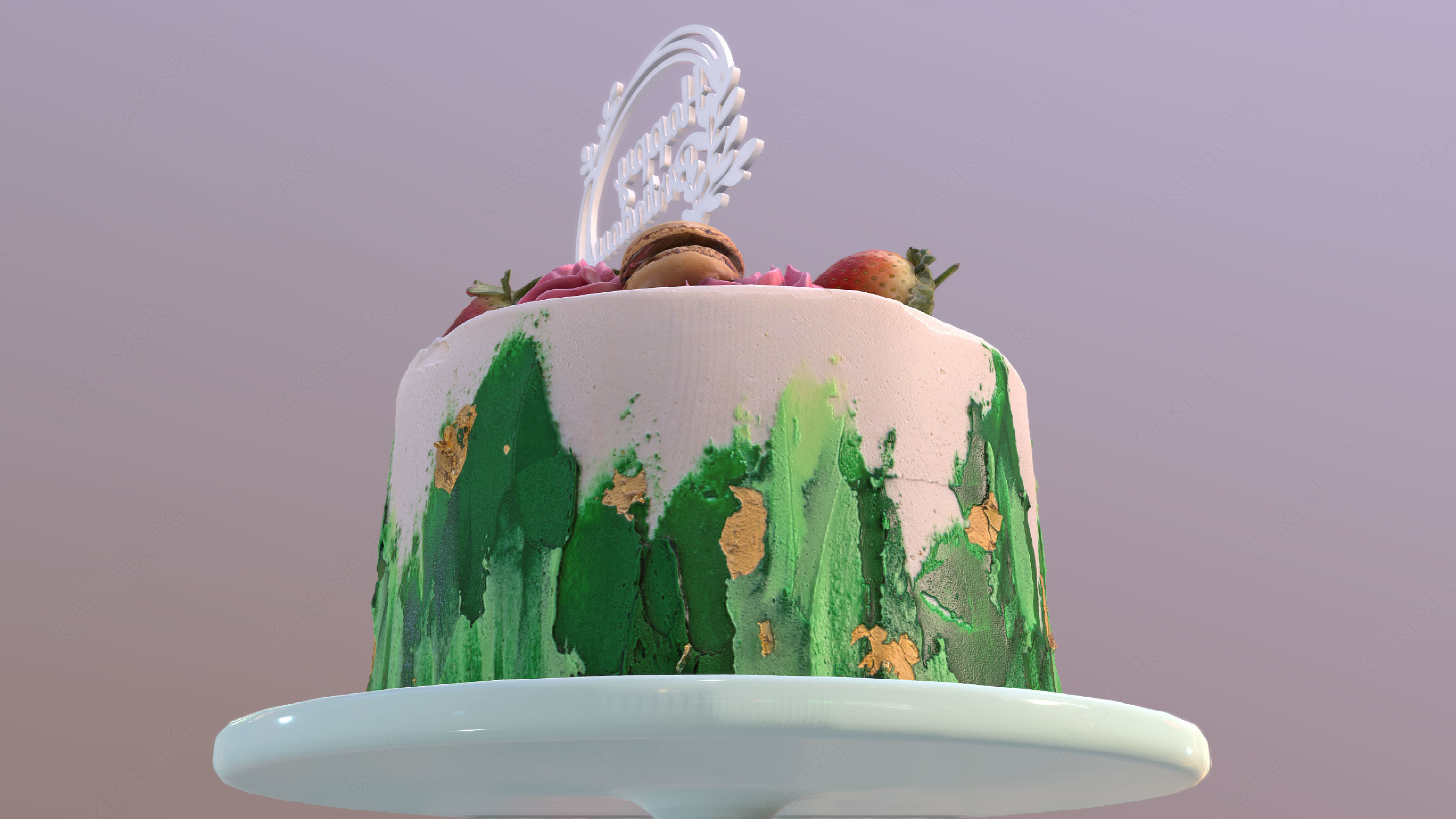 Elegant Jade Strawberry Swirl Birthday Cake Low-poly 3D model_5