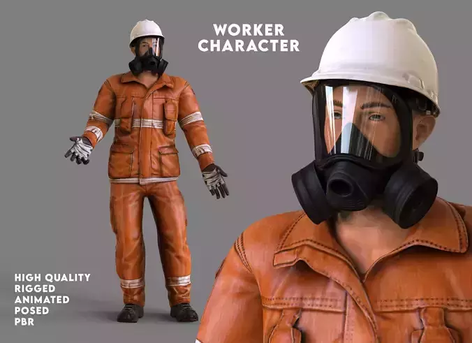 GAS MASK worker character RIGGED ANIMATED Low-poly 3D model
