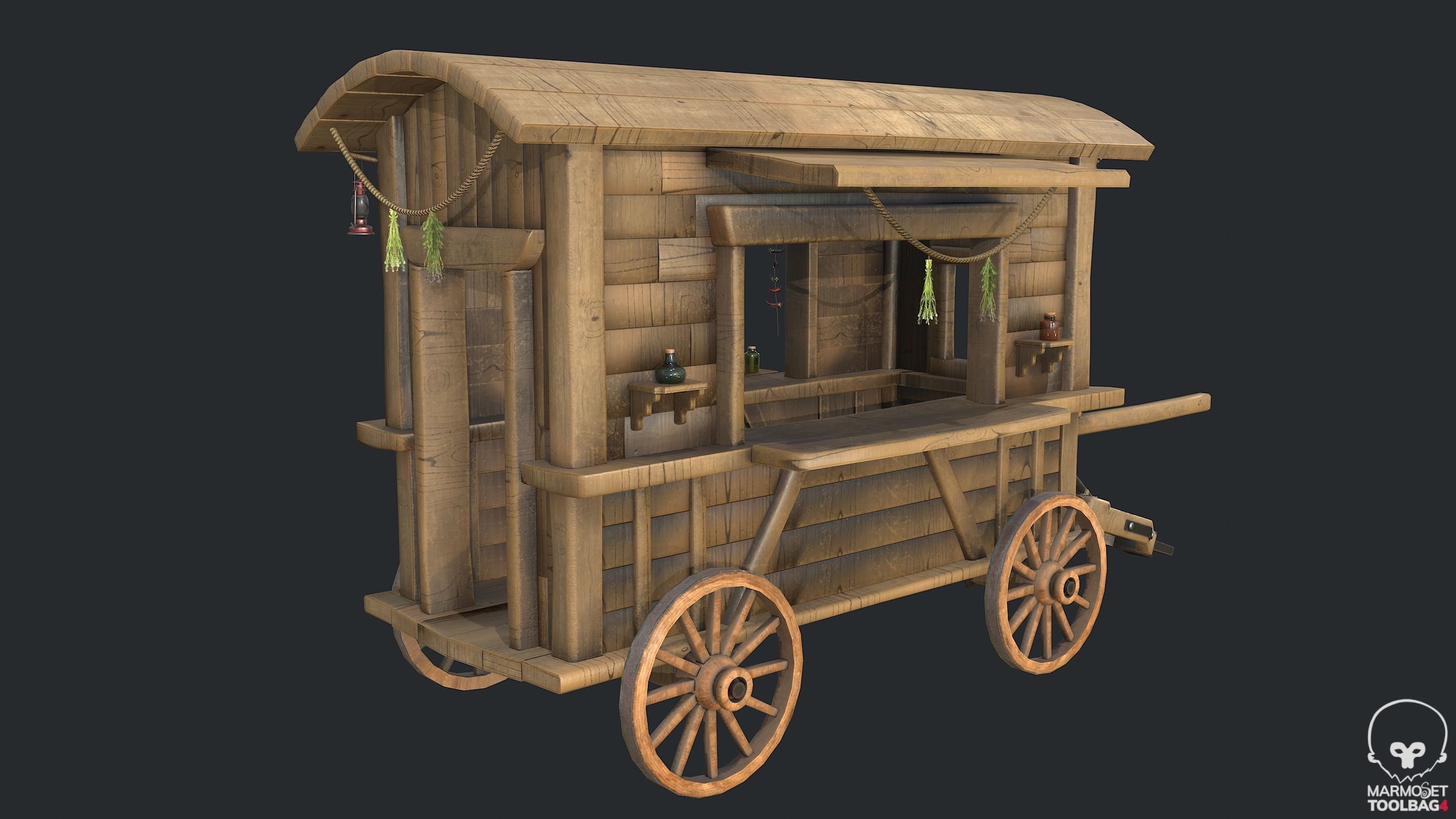 PBR Herbalist Caravan - Old Wooden Cart - Medieval Carriage Low-poly 3D model_6