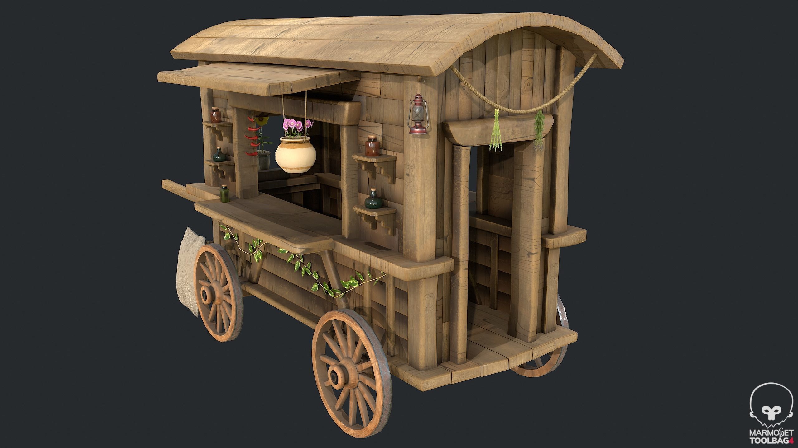PBR Herbalist Caravan - Old Wooden Cart - Medieval Carriage Low-poly 3D model_7