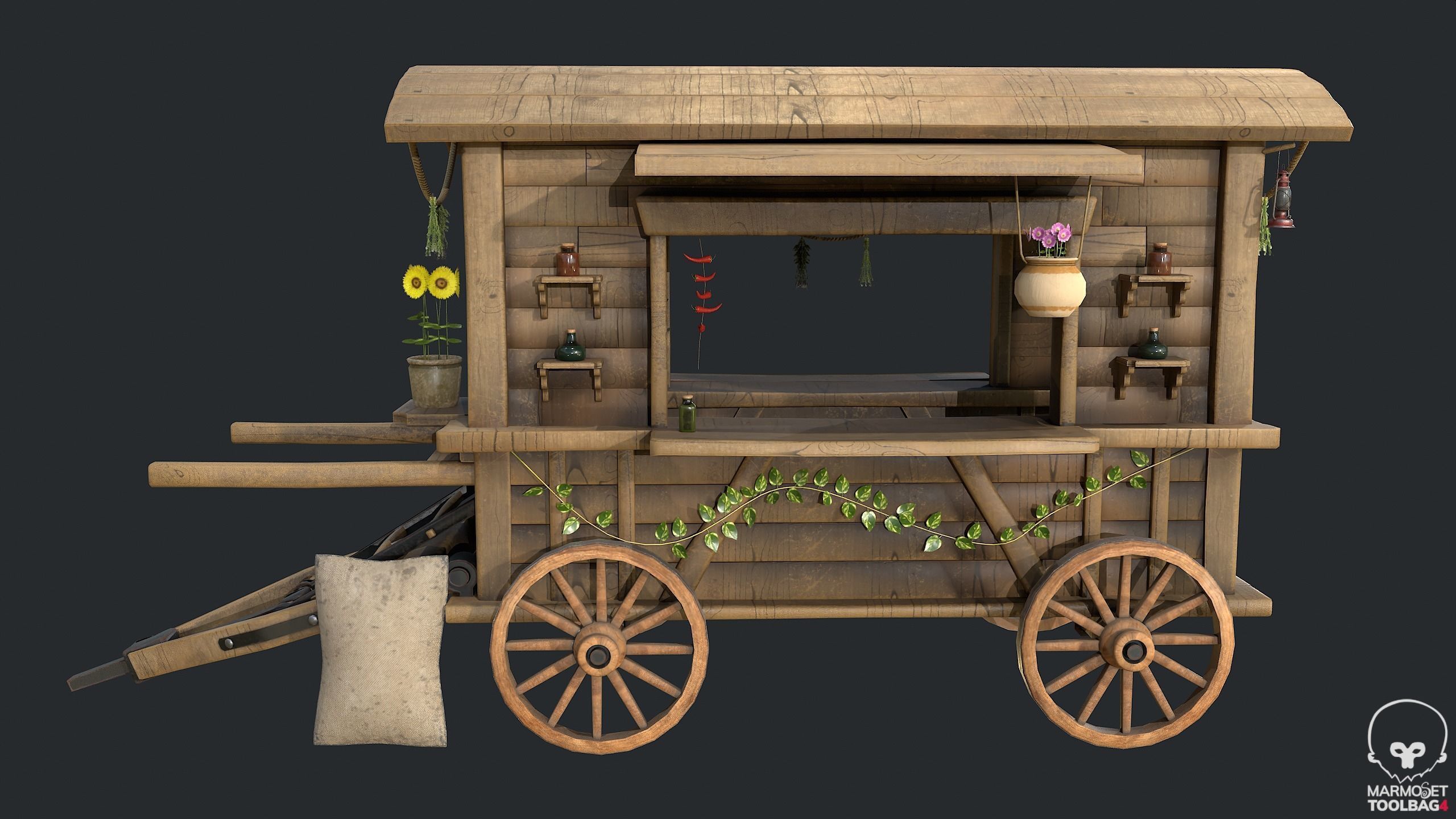 PBR Herbalist Caravan - Old Wooden Cart - Medieval Carriage Low-poly 3D model_3