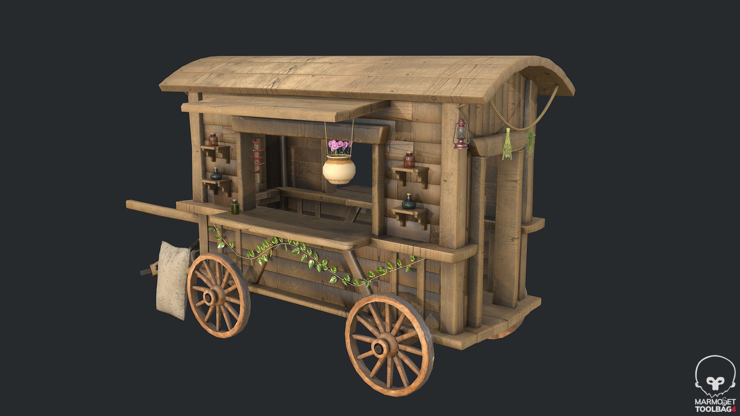 PBR Herbalist Caravan - Old Wooden Cart - Medieval Carriage Low-poly 3D model_15
