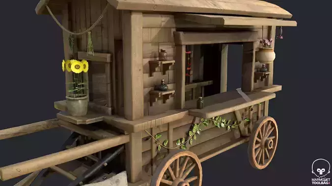 PBR Herbalist Caravan - Old Wooden Cart - Medieval Carriage Low-poly 3D model