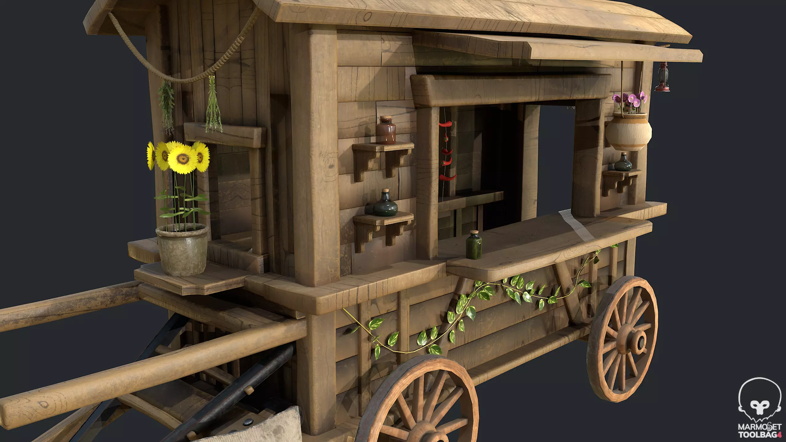 PBR Herbalist Caravan - Old Wooden Cart - Medieval Carriage Low-poly 3D model_0