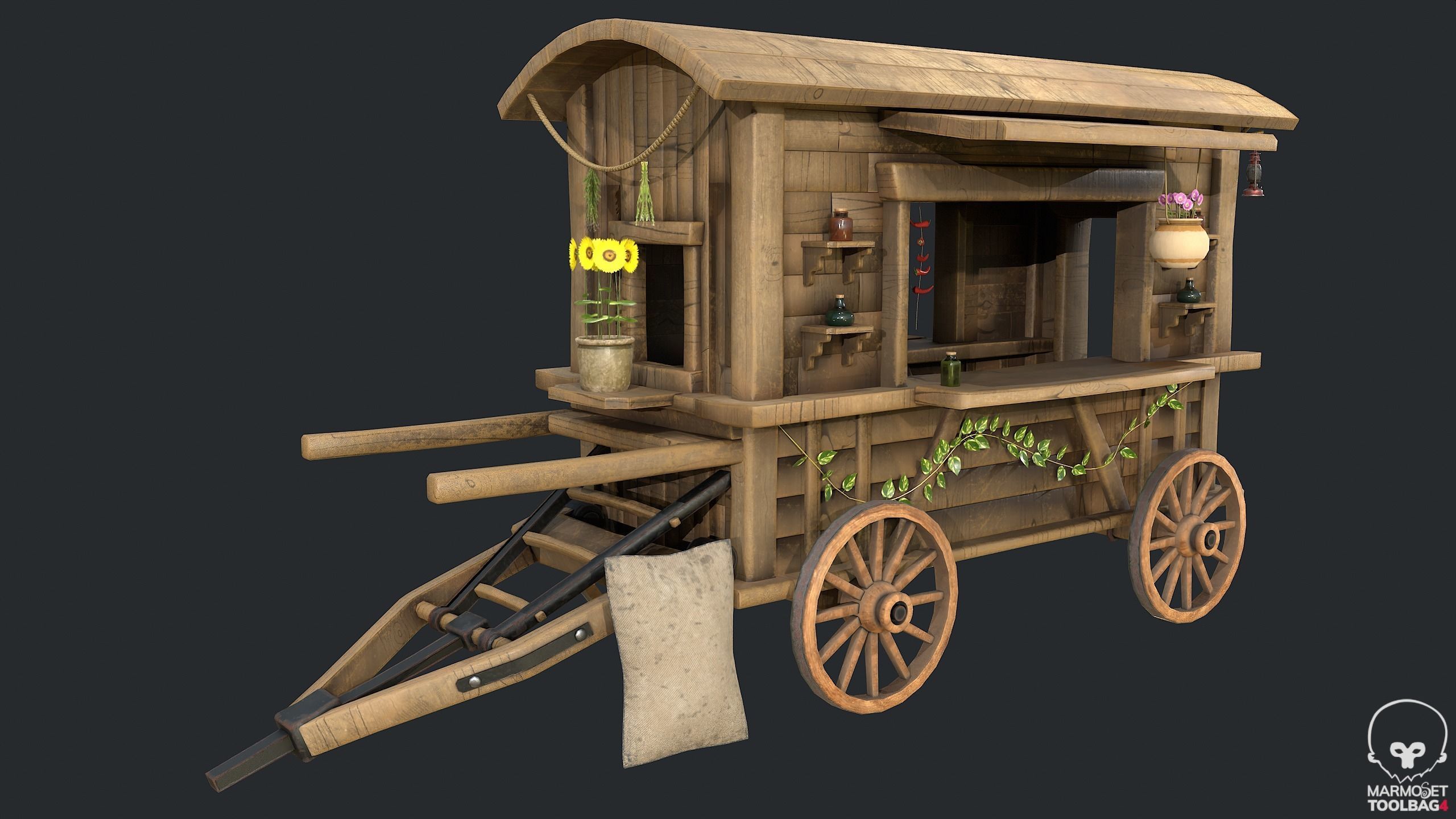 PBR Herbalist Caravan - Old Wooden Cart - Medieval Carriage Low-poly 3D model_2