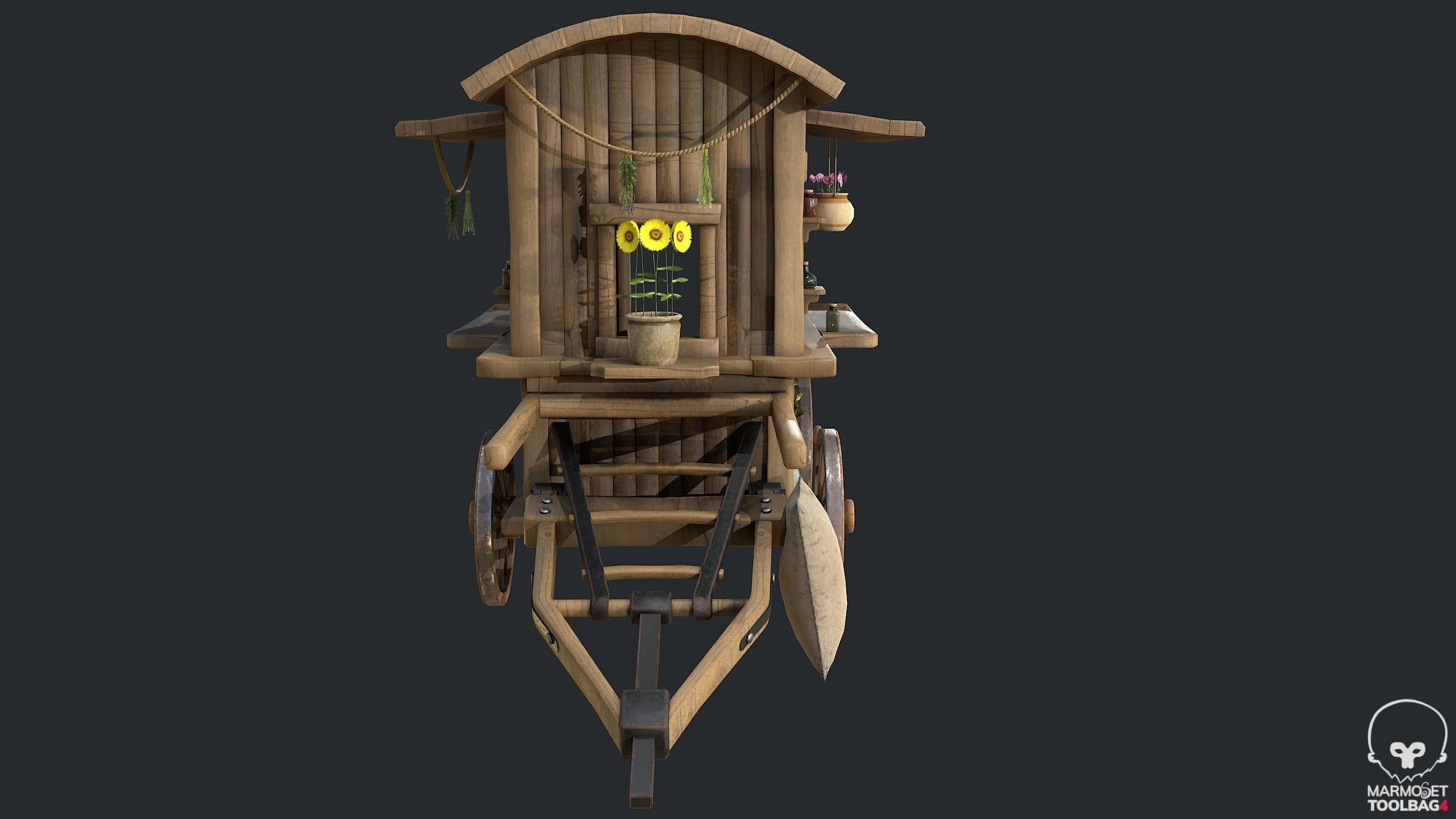 PBR Herbalist Caravan - Old Wooden Cart - Medieval Carriage Low-poly 3D model_4
