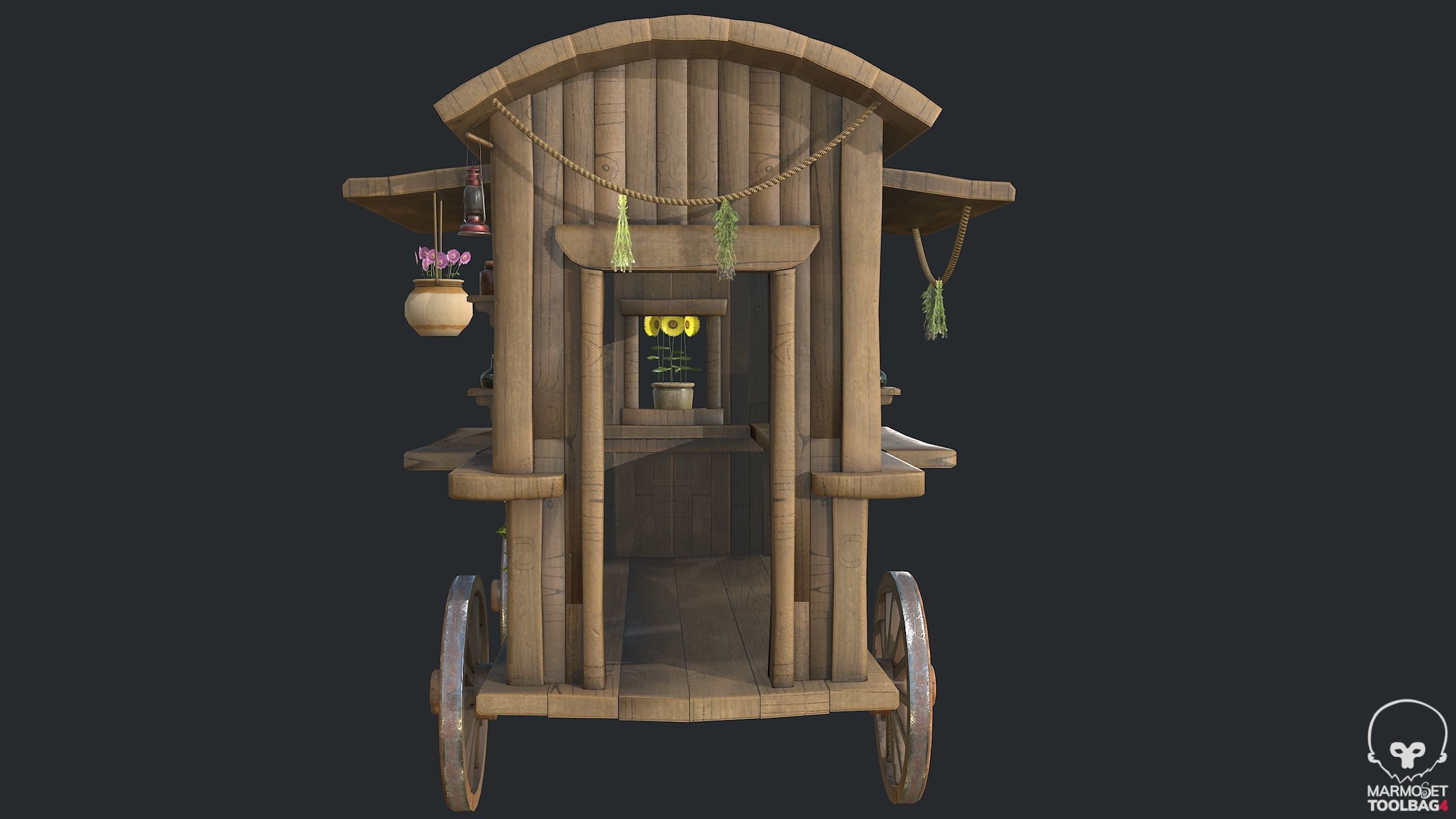PBR Herbalist Caravan - Old Wooden Cart - Medieval Carriage Low-poly 3D model_10