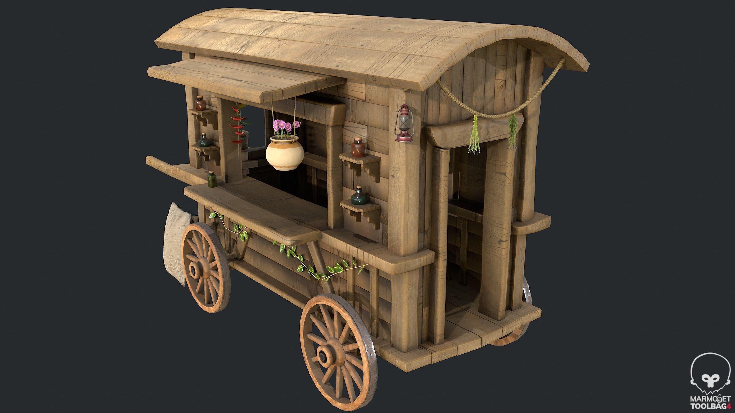 PBR Herbalist Caravan - Old Wooden Cart - Medieval Carriage Low-poly 3D model_8