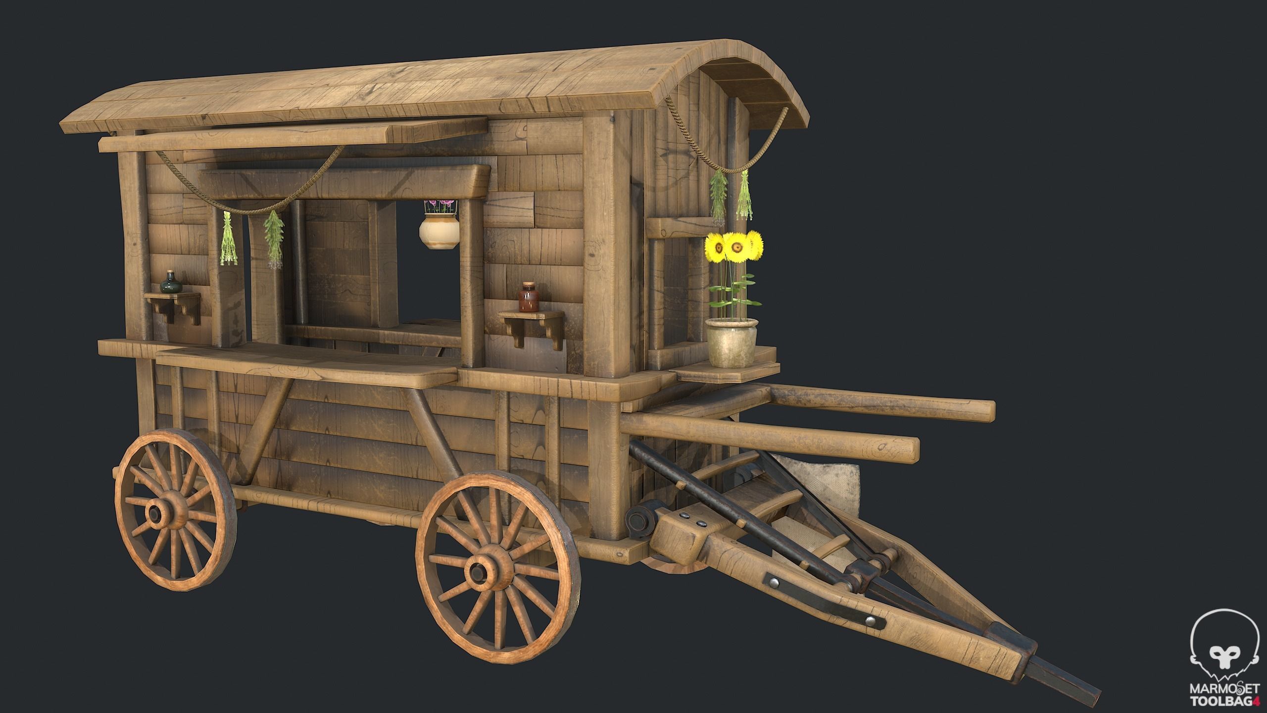 PBR Herbalist Caravan - Old Wooden Cart - Medieval Carriage Low-poly 3D model_16
