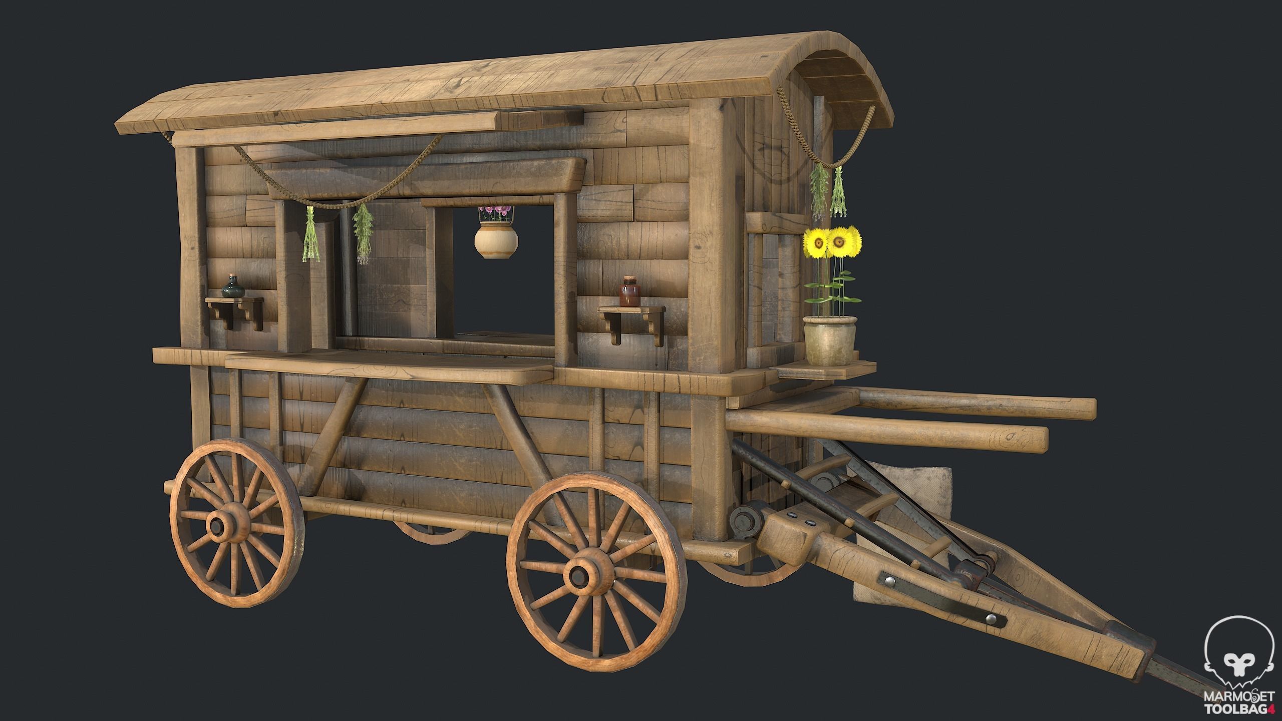 PBR Herbalist Caravan - Old Wooden Cart - Medieval Carriage Low-poly 3D model_5