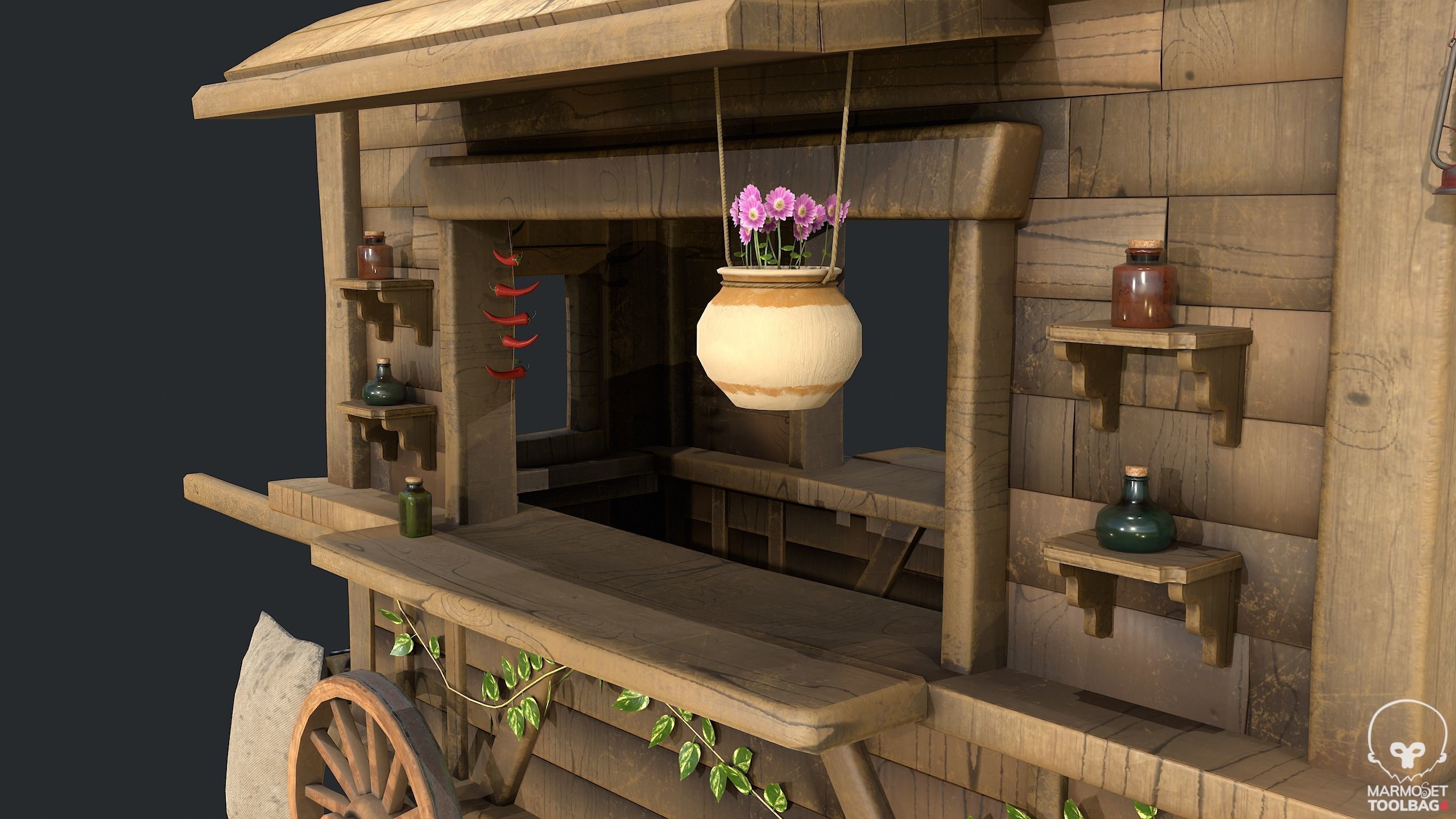 PBR Herbalist Caravan - Old Wooden Cart - Medieval Carriage Low-poly 3D model_9