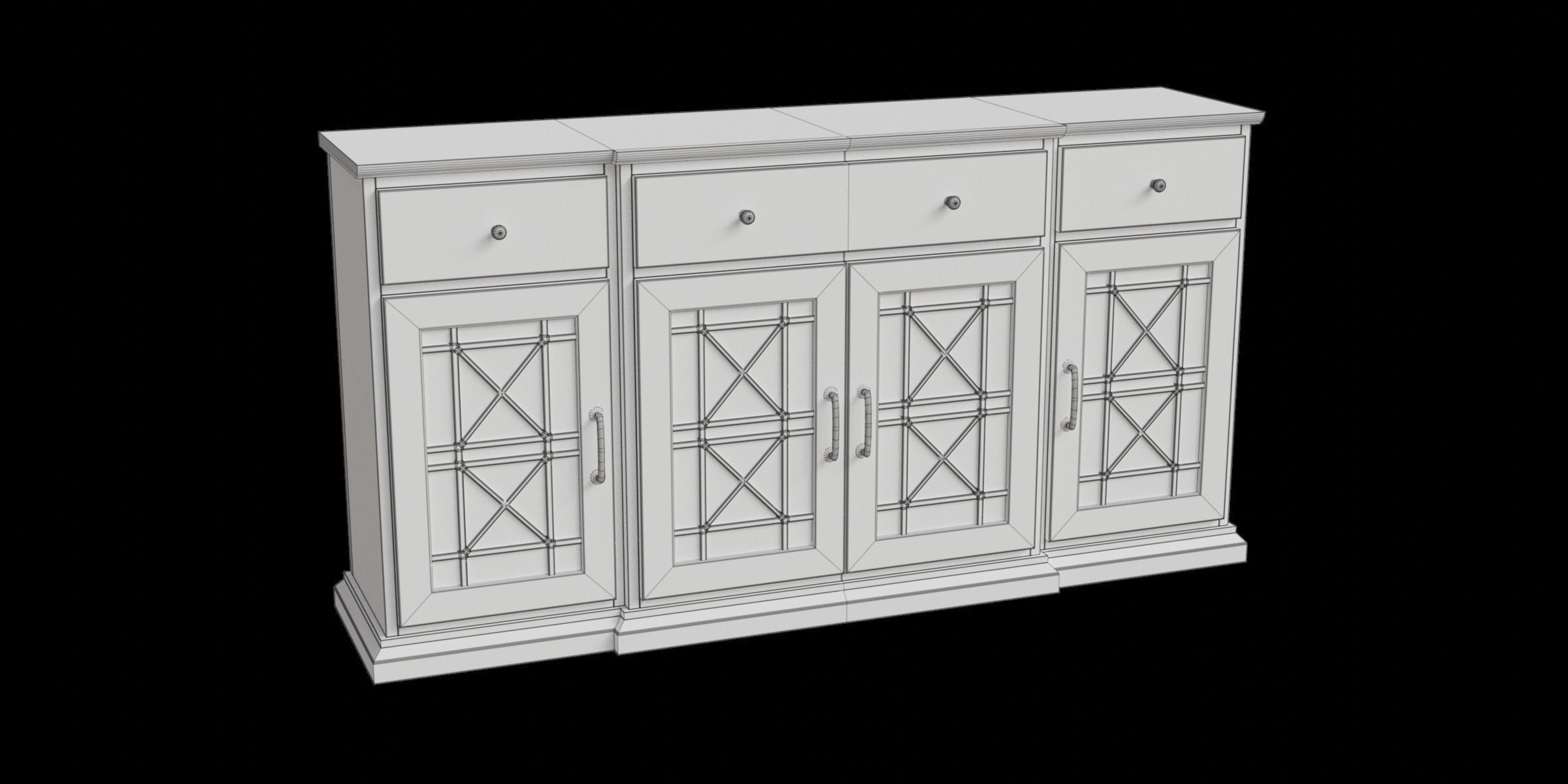 Transitional Fretwork 4 Door With 3 Drawers Sideboard 3D model_2