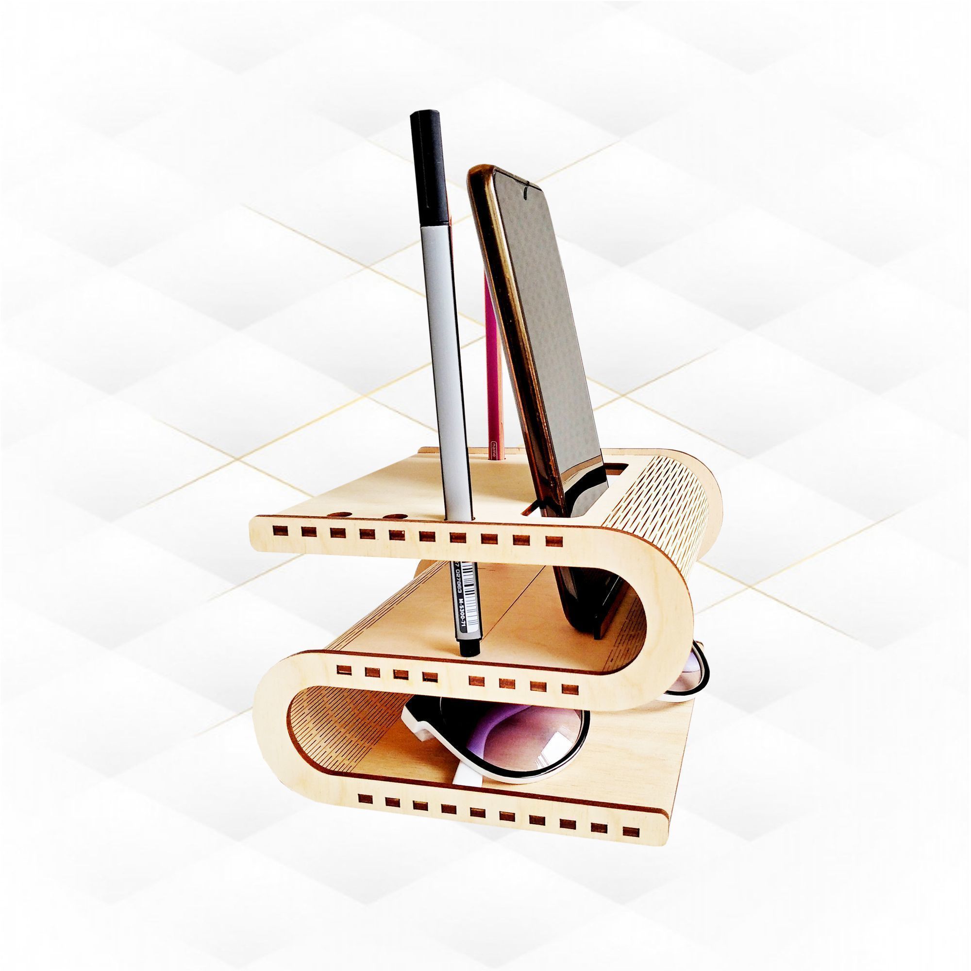 Desktop organizer curved stand holder design laser cutting 3D print model_1