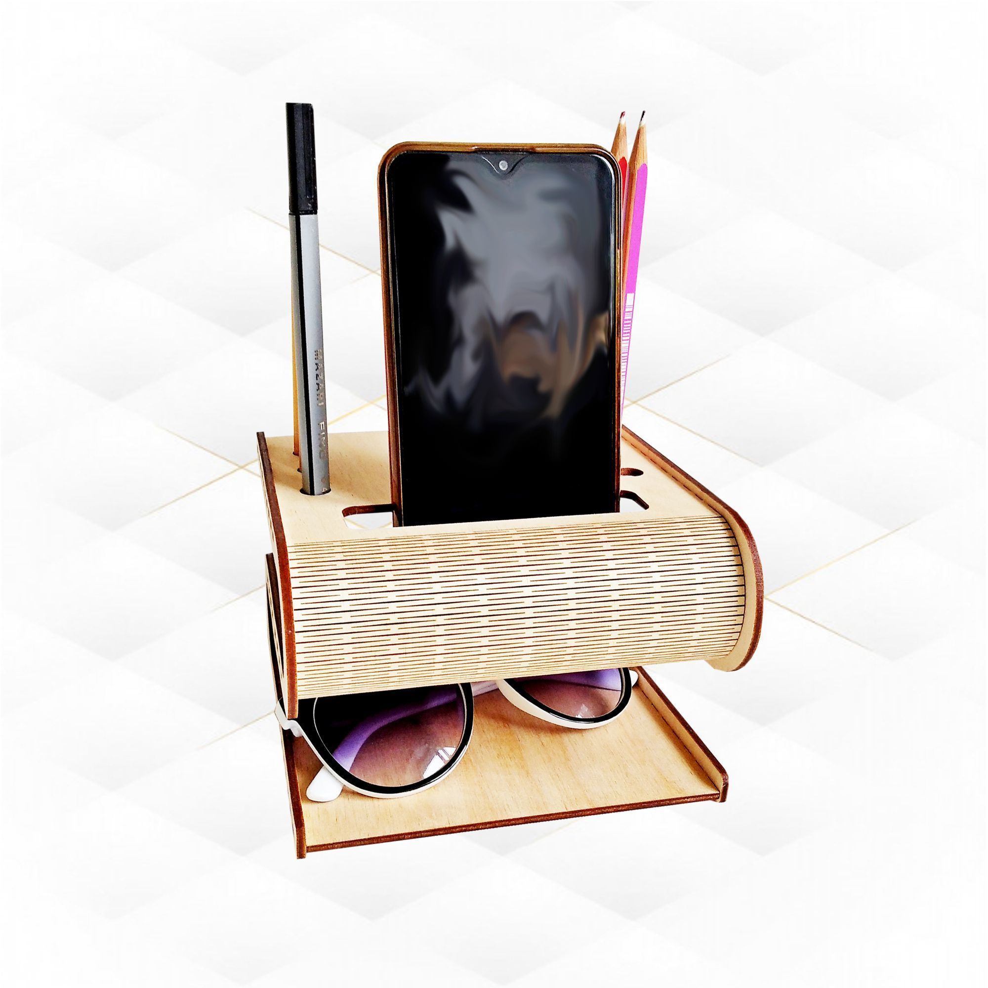 Desktop organizer curved stand holder design laser cutting 3D print model_4