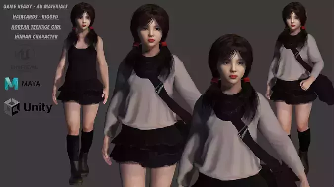 3D REALISTIC HUMANCHARACTER - KOREAN or ASIAN TEENAGE GIRL KIDS Low-poly 3D model