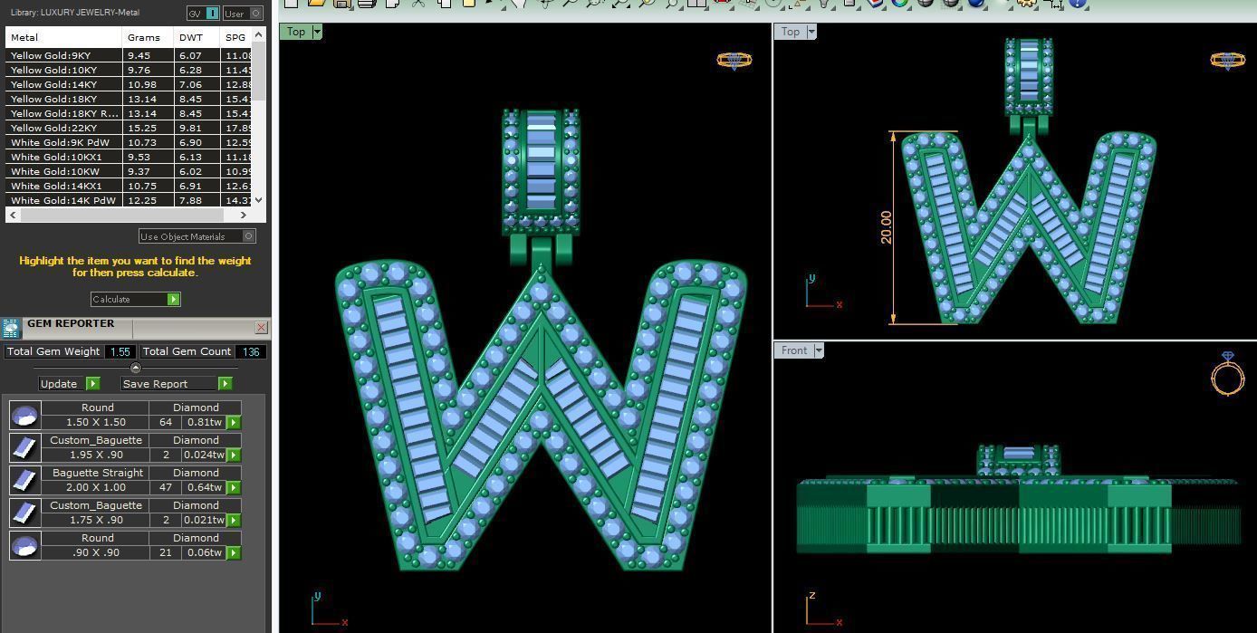 W Capital Latter With Baguette Diamond 3d Model and Render 3D model 3D ...