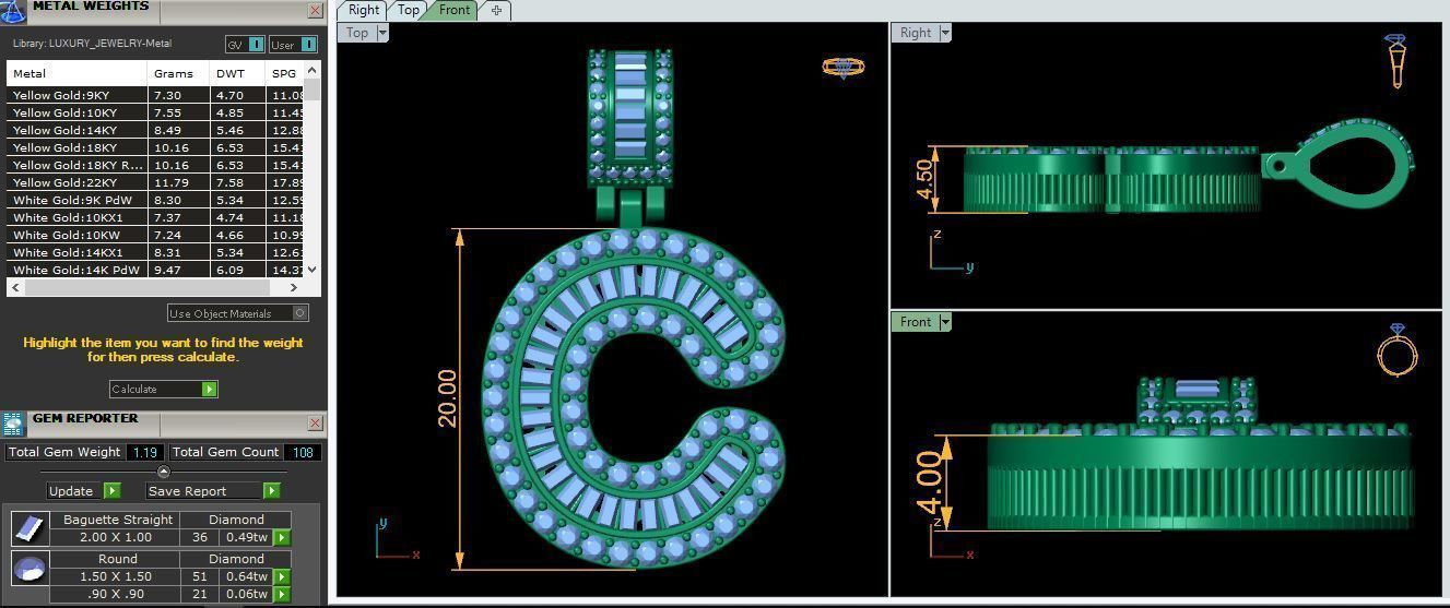 C Capital Latter With Baguette Diamond 3d Model and Render 3D print model_9