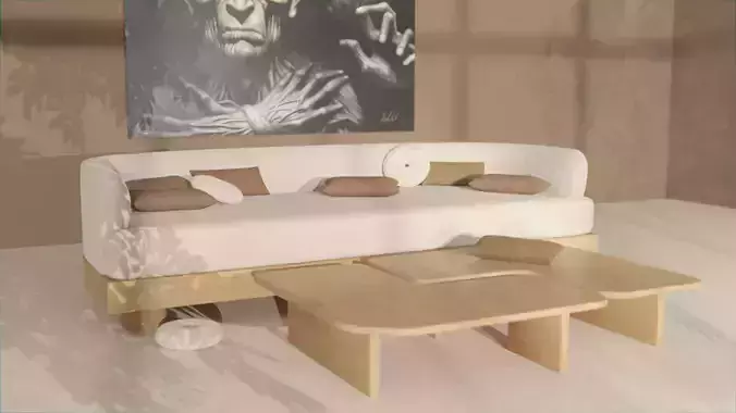 Sofa with pillows  coffe tables and painting