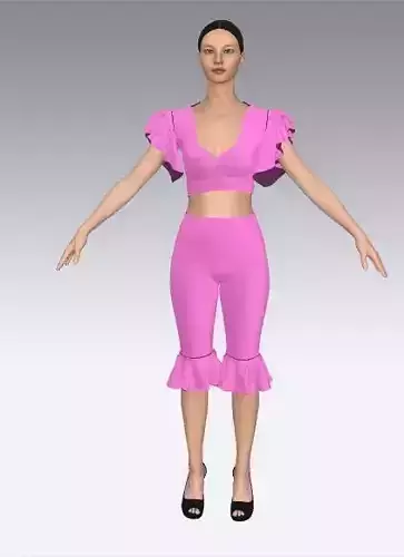 Two pieces blouse  heart neckline ruffled slevee  Low-poly 3D model