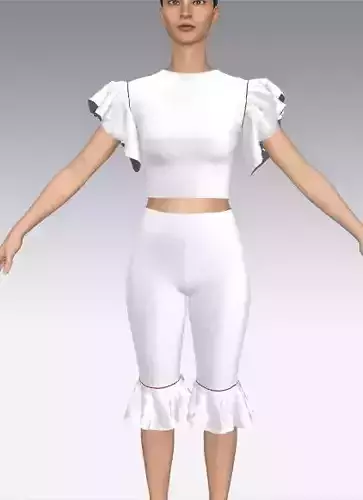 Two pieces blouse  heart neckline ruffled slevee  skirt Low-poly 3D model