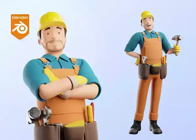 Male Cartoon Worker Builder Illustration Character  Low-poly 3D model